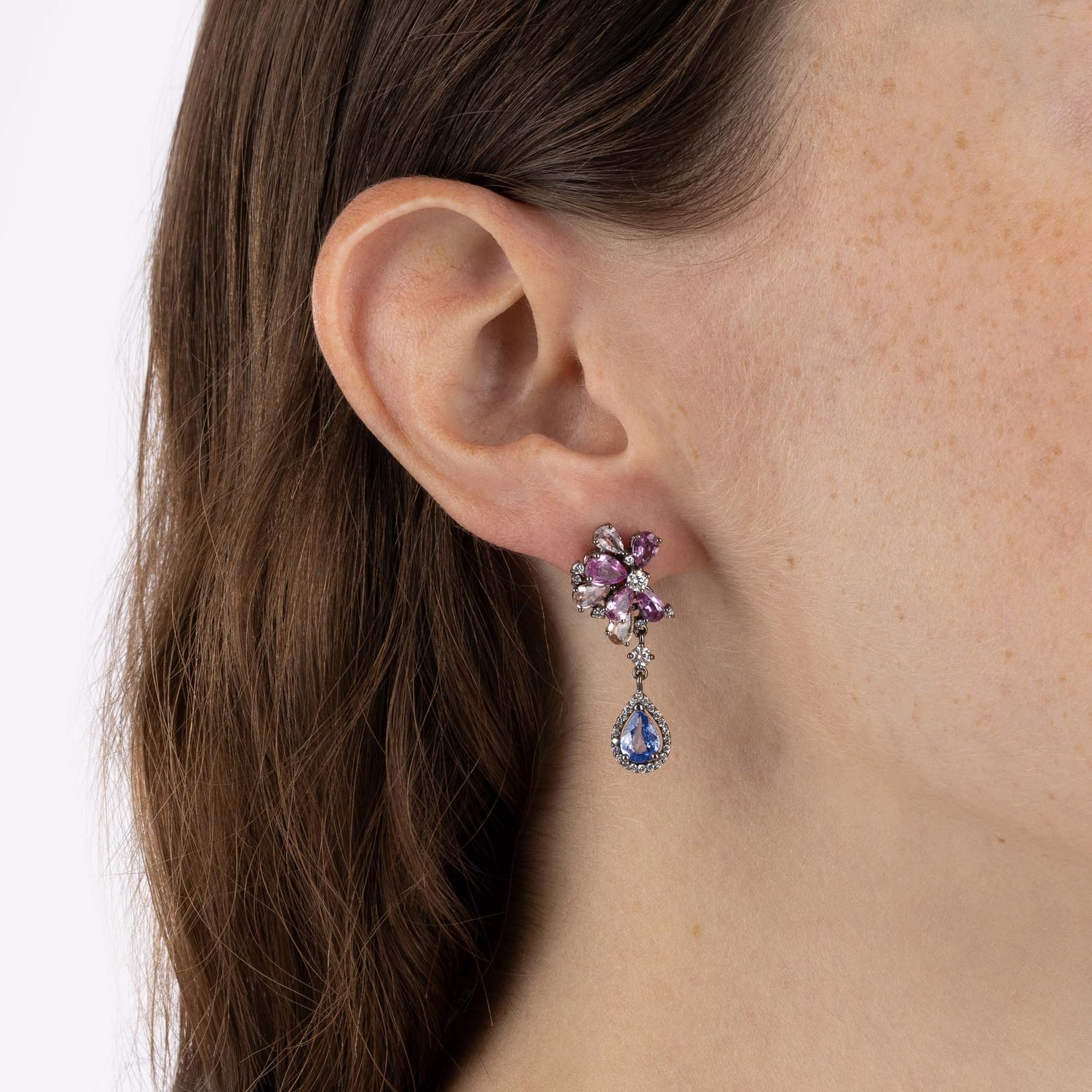 Rhodium Plated Gold Earrings with Pink and Blue Sapphires, and Diamonds, Medium - Model shot