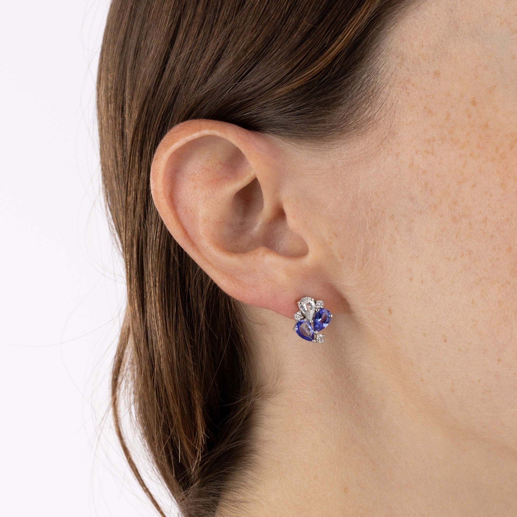 White Gold Earrings with pear shaped Tanzanite and Morganite, and small round Diamonds, Small - Model shot
