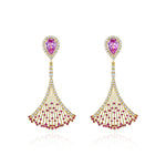 Yellow Gold triangular Earrings with a pear shaped Pink Sapphire and small round Rubies, Large