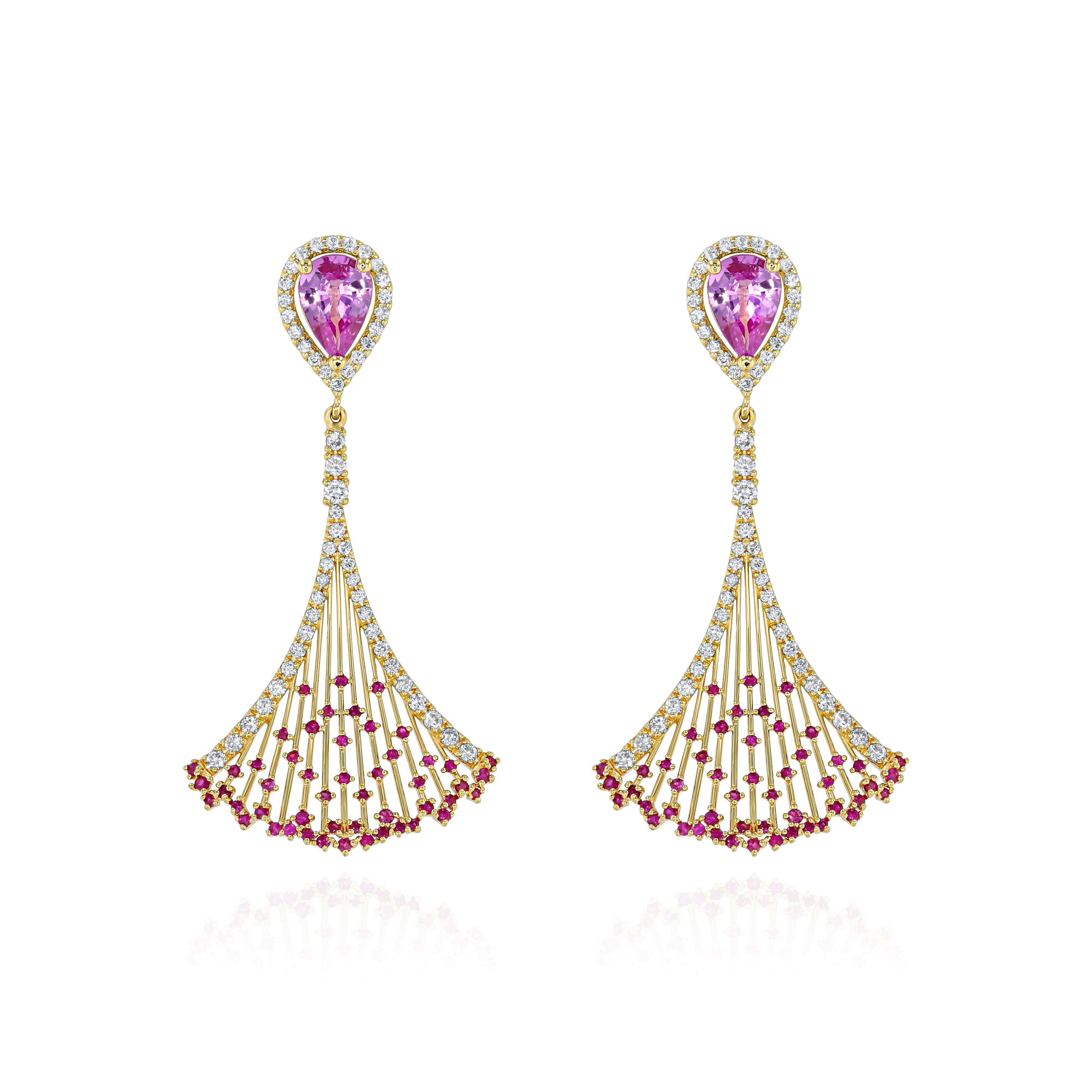 Yellow Gold triangular Earrings with a pear shaped Pink Sapphire and small round Rubies, Large