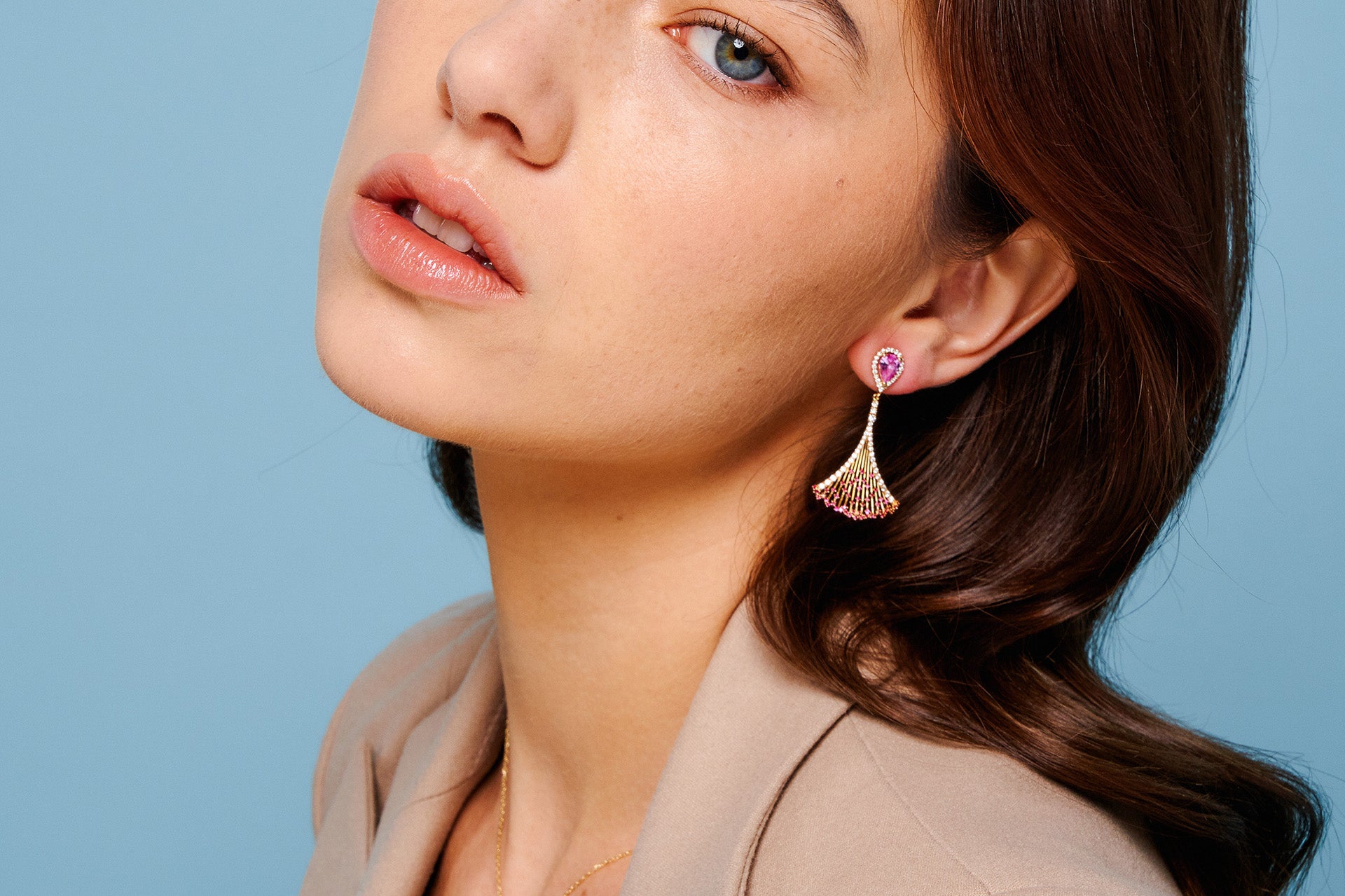 Yellow Gold Earrings with a pear shaped Pink Sapphire and small round Rubies, Large - Model shot 