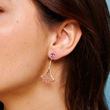 Yellow Gold Earrings with a pear shaped Pink Sapphire and small round Rubies, Large - Model shot 