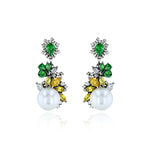 Rhodium Plated Gold Earrings with White and Yellow Sapphires, Tsavorite, Diamonds, and Pearl, Large