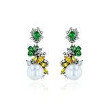 Rhodium Plated Gold Earrings with White and Yellow Sapphires, Tsavorite, Diamonds, and Pearl, Large