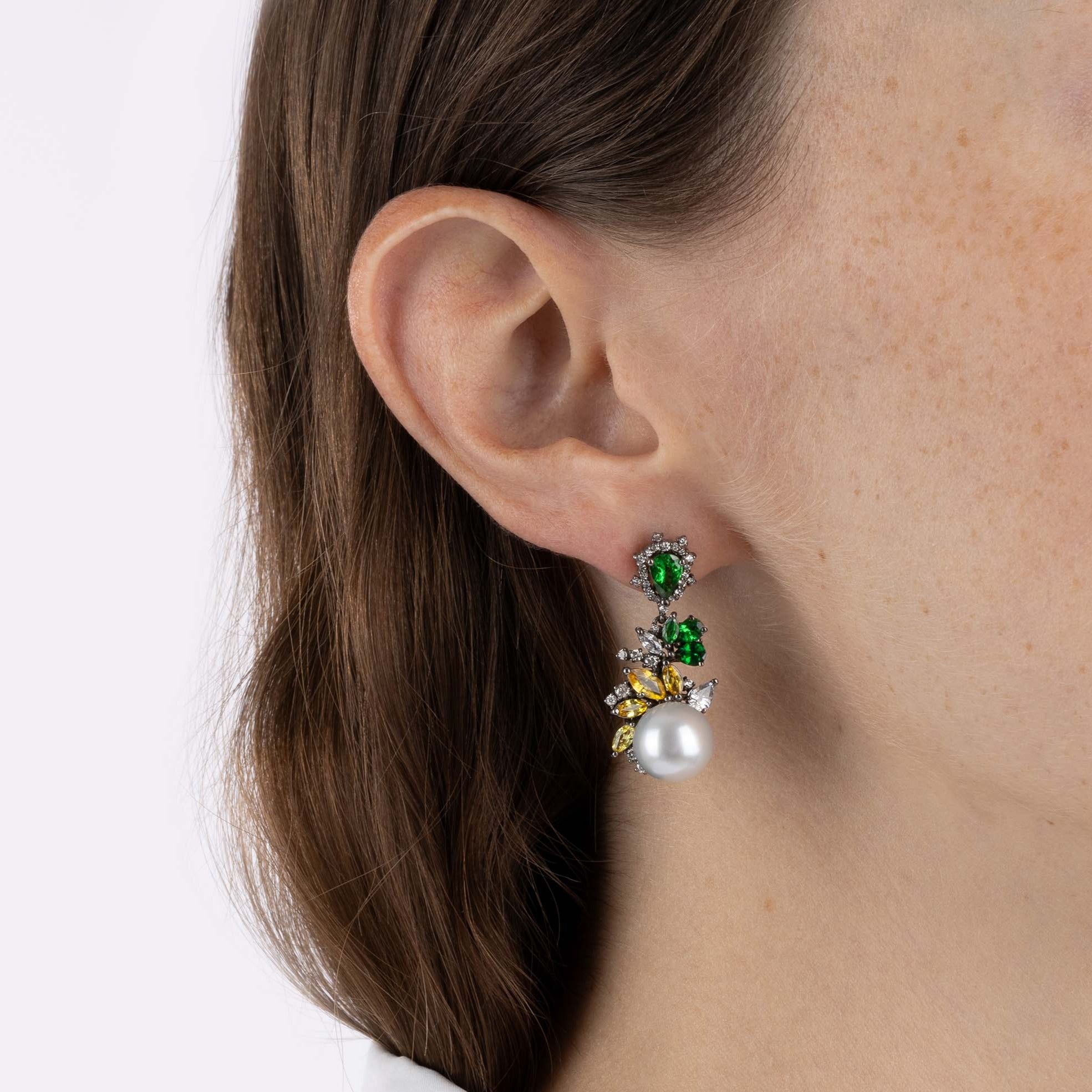 Pearl Blossom Earrings with Yellow Sapphires, Tsavorite, Diamonds, and Pearl, Large - Model shot