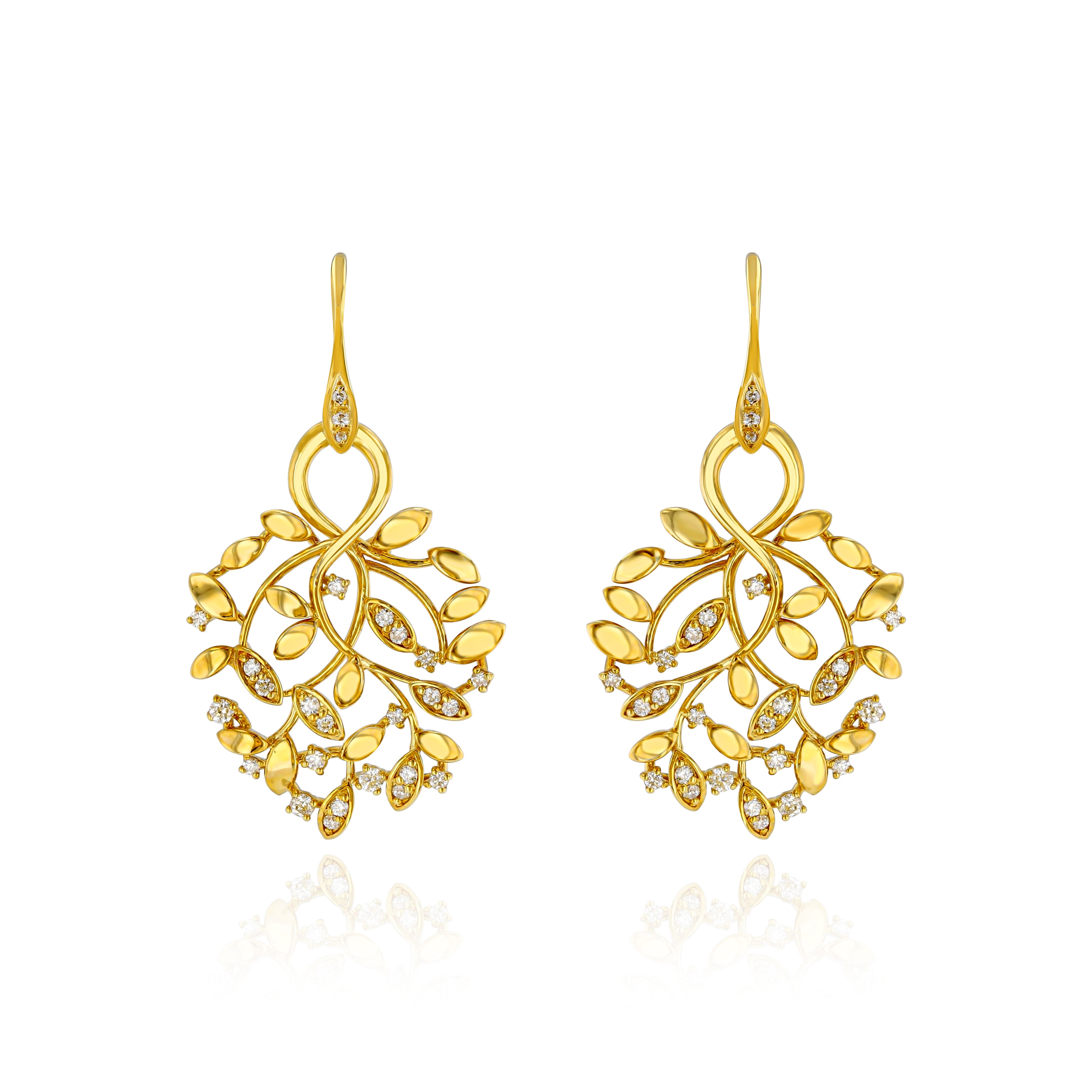 Yellow Gold Earrings, resembling a tree, with small round Diamonds, Large