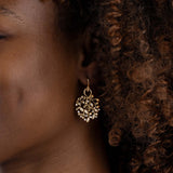 Yellow Gold Earrings, resembling a tree, with small round Diamonds, Large - Model shot