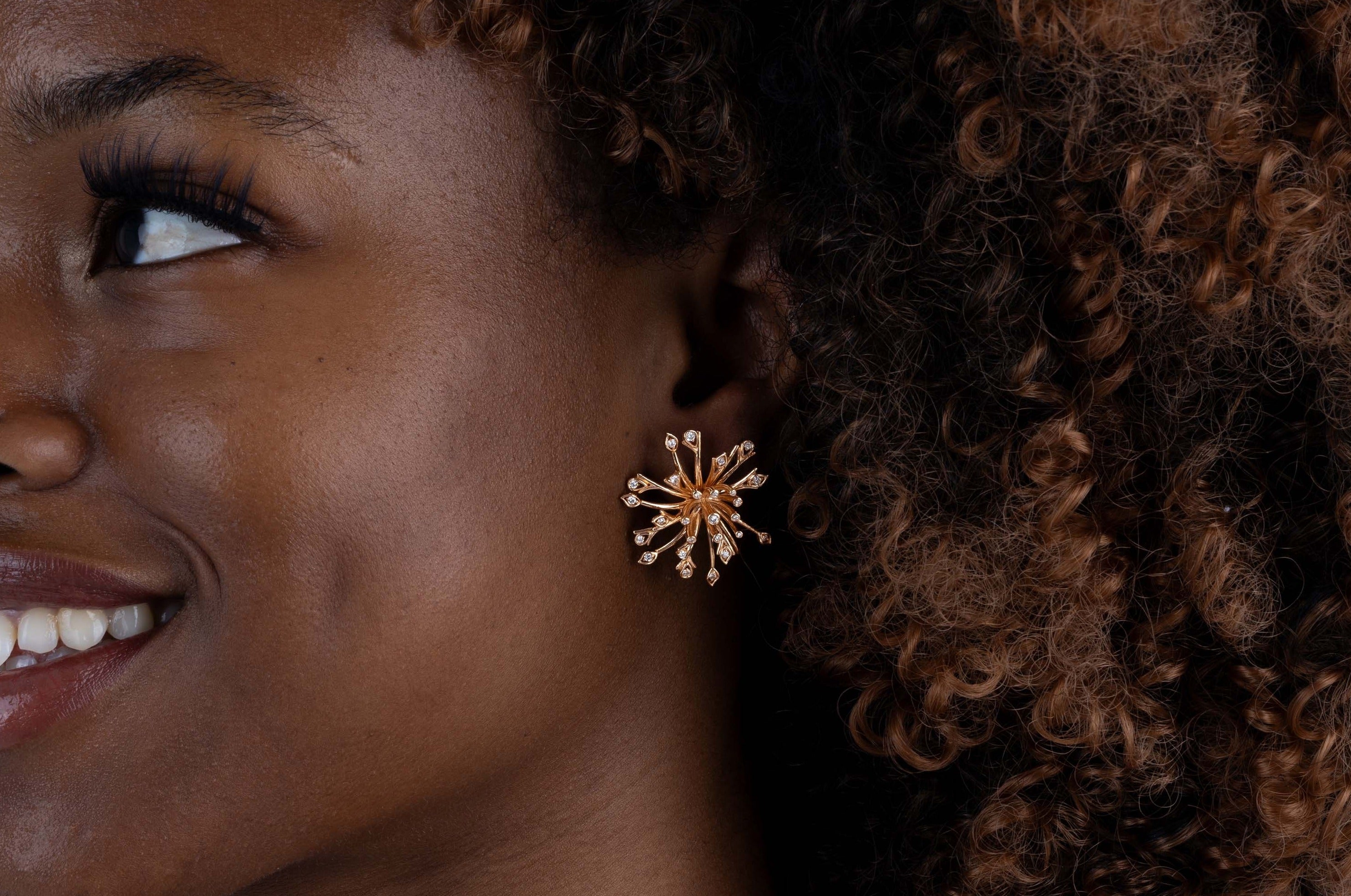 Yellow Gold Earrings, resembling a dandelion flower, with small round Diamonds, Large - Model shot