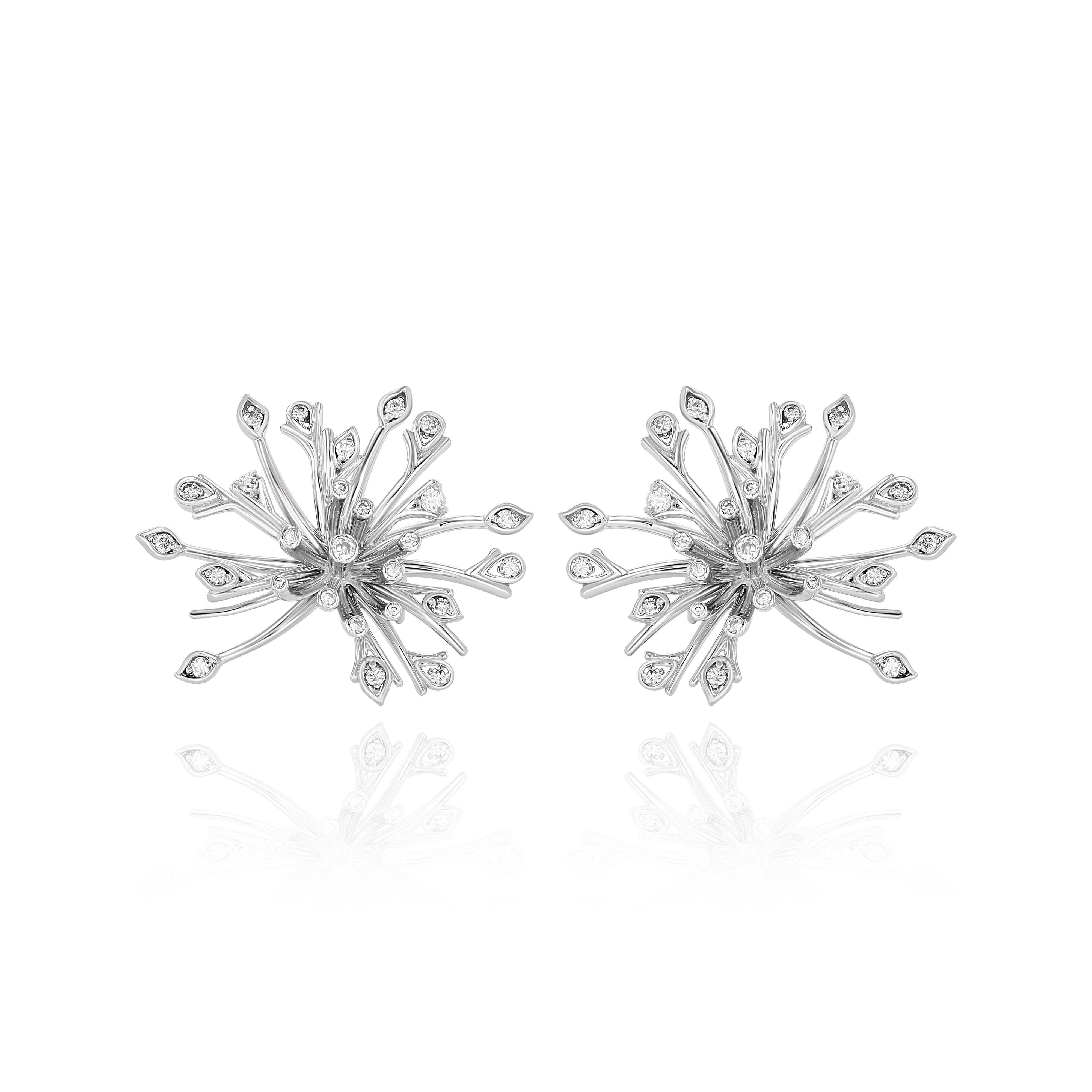 White Gold Earrings, resembling a dandelion flower, with small round Diamonds, Large