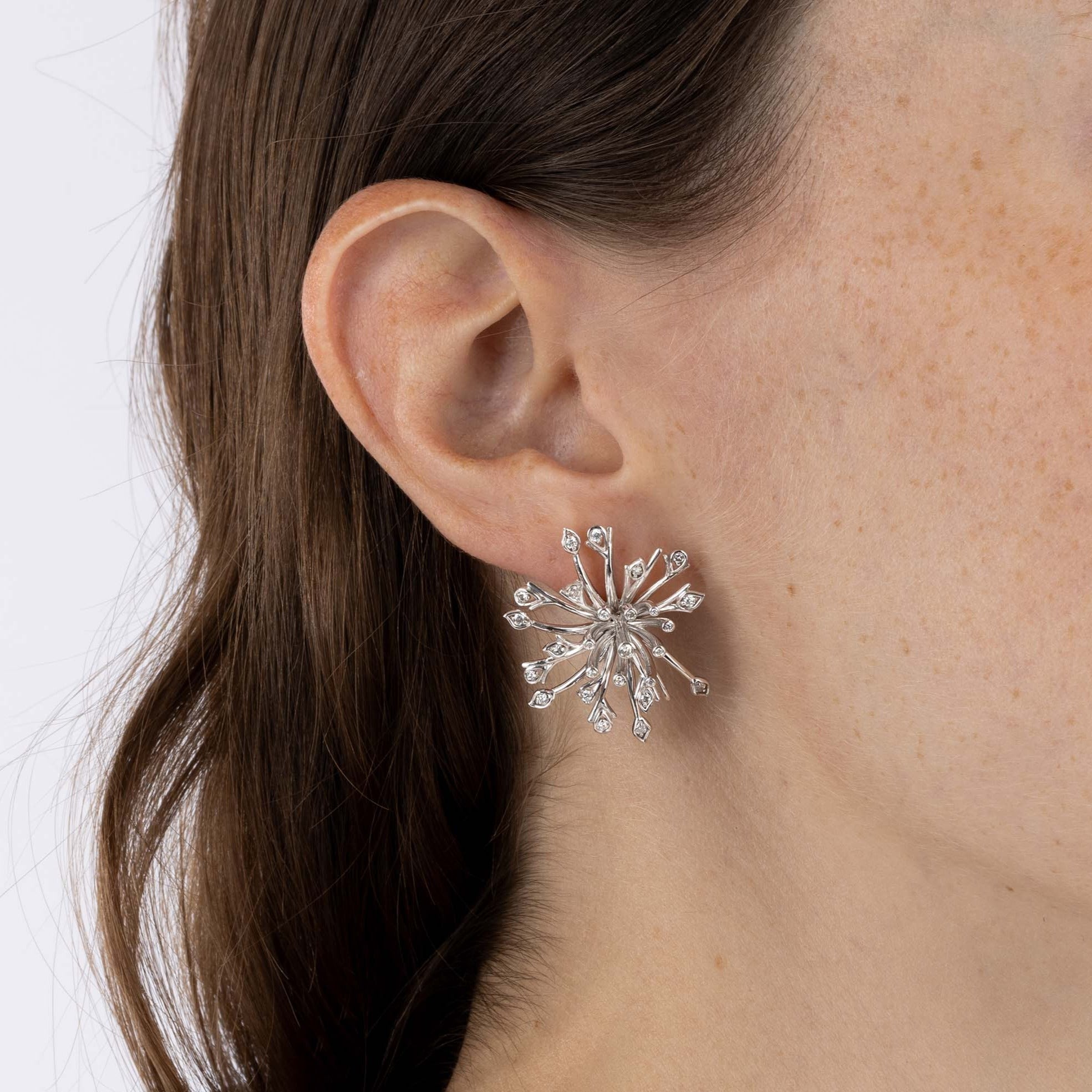 White Gold Earrings, resembling a dandelion flower, with small round Diamonds, Large - Model shot