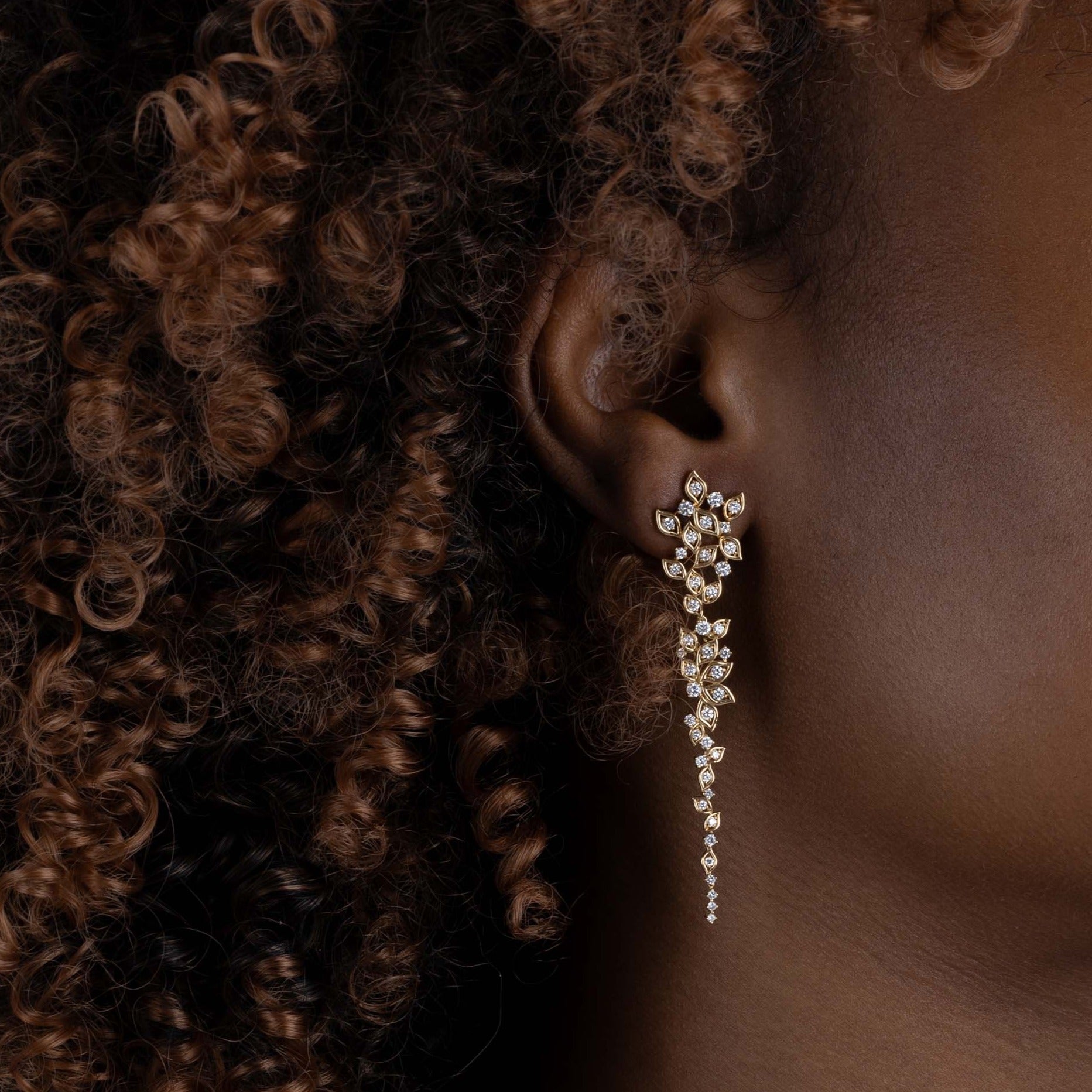 Earrings with Yellow Gold petals and round Diamonds inside them, Large - Model shot