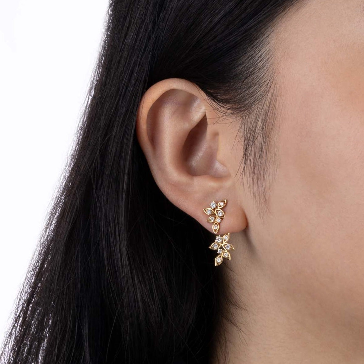 Earrings with Yellow Gold petals and round Diamonds inside them, Small - Model shot