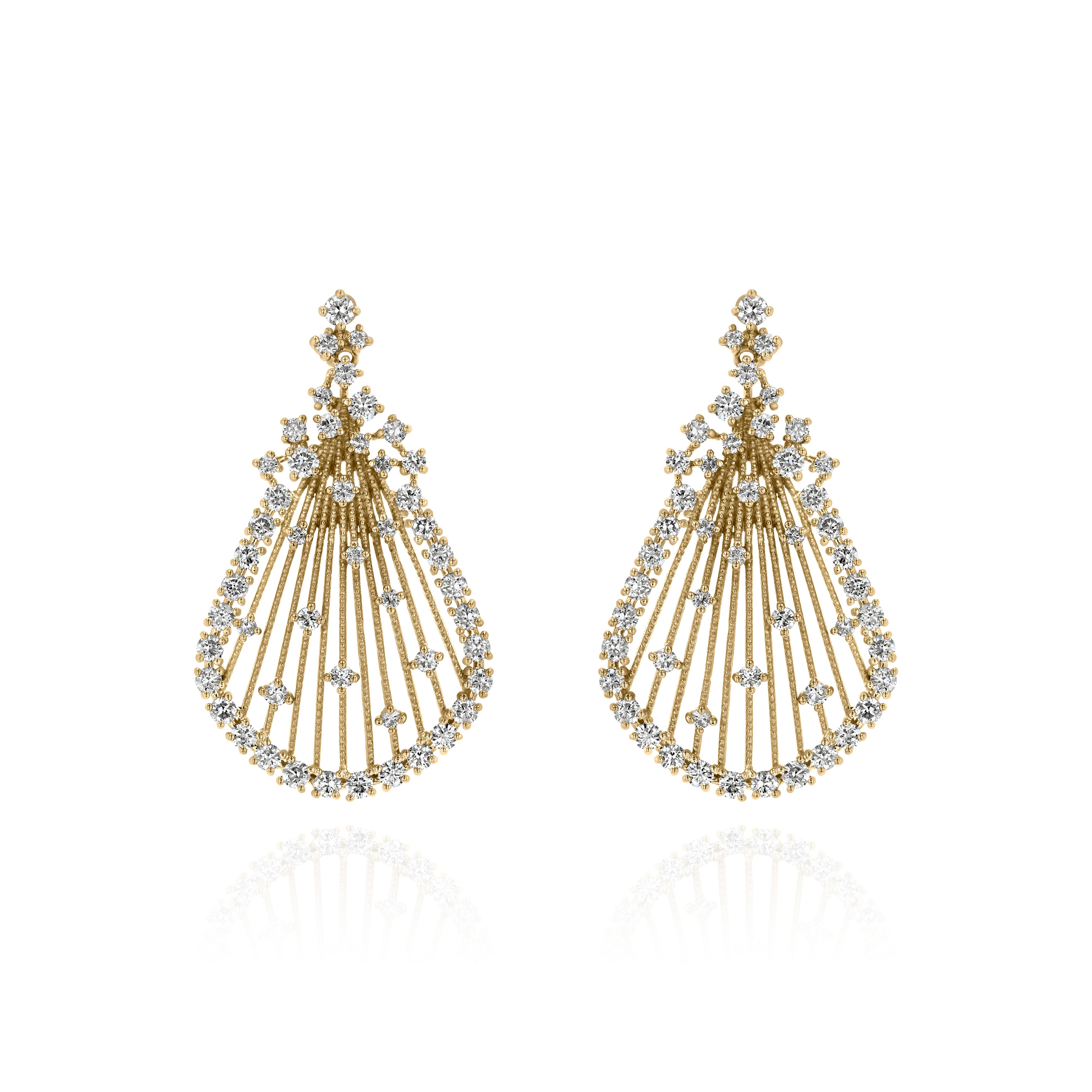 Raindrop shaped Yellow Gold Earrings with small round Diamonds, Medium