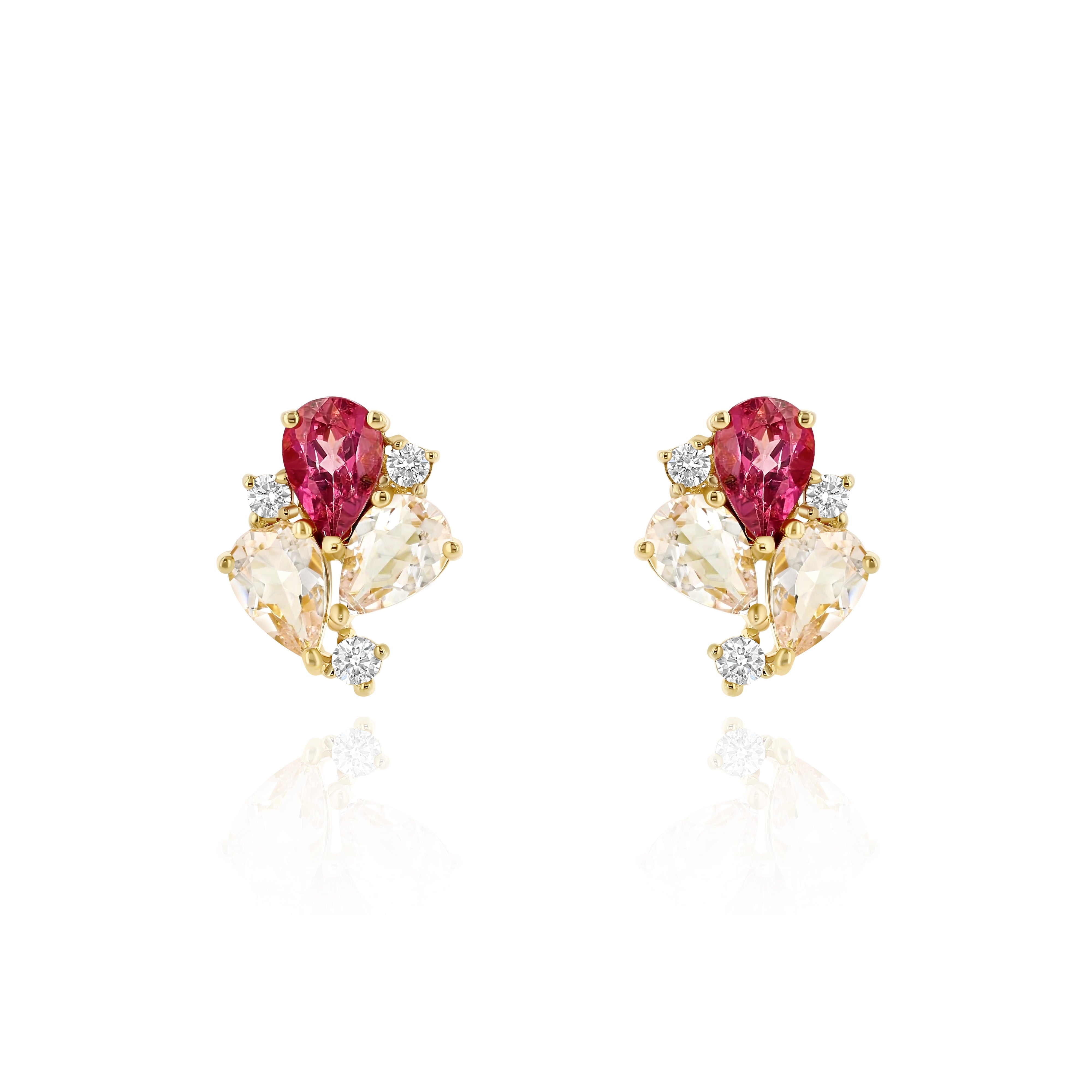 Yellow Gold Earrings with Pink Sapphires, Morganite, and Diamonds, Small