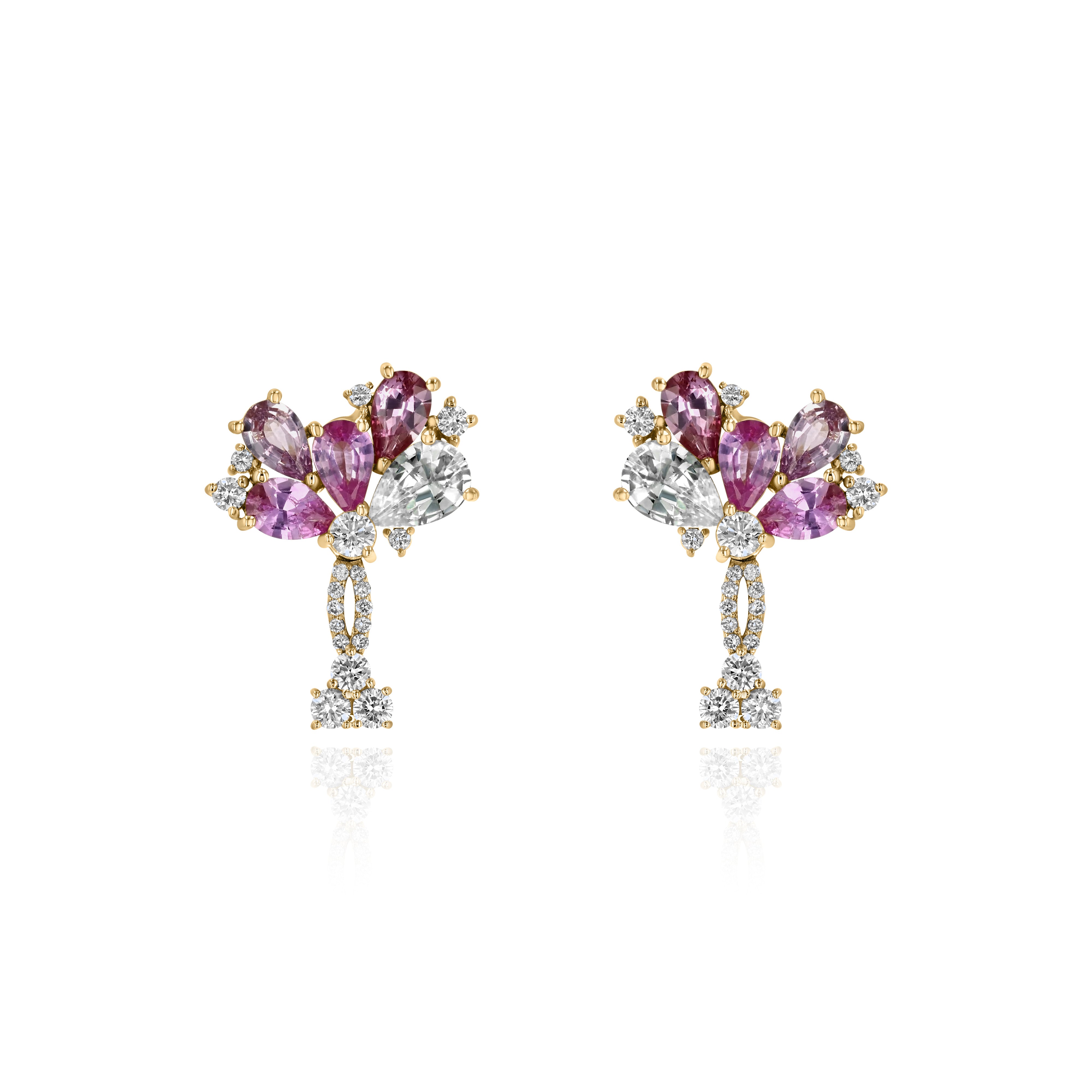 Yellow Gold Earrings with Pink and White Sapphires, and Diamonds, Medium