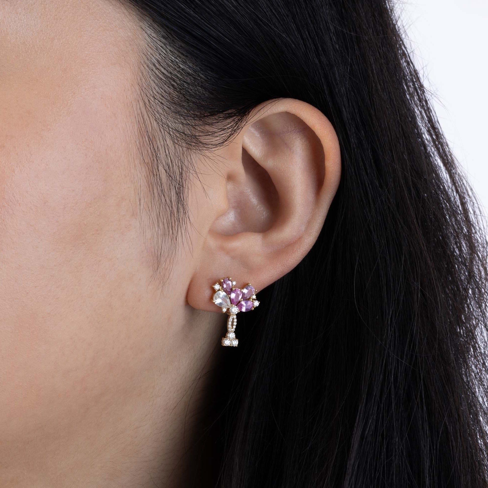 Yellow Gold Earrings with Pink and White Sapphires, and Diamonds, Medium - Model shot 