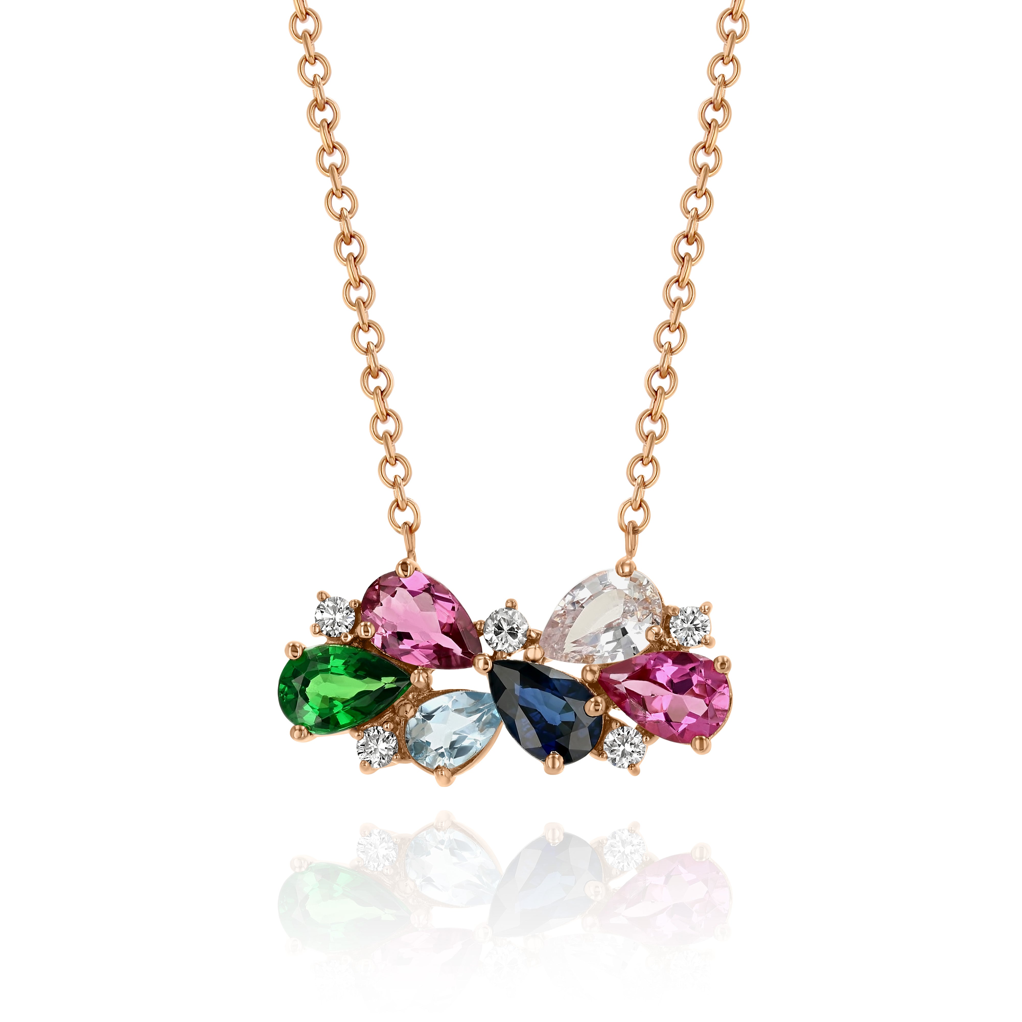 Yellow Gold Necklace with Tsavorite, Aquamarine, White and Pink Sapphires, and Diamonds, Medium
