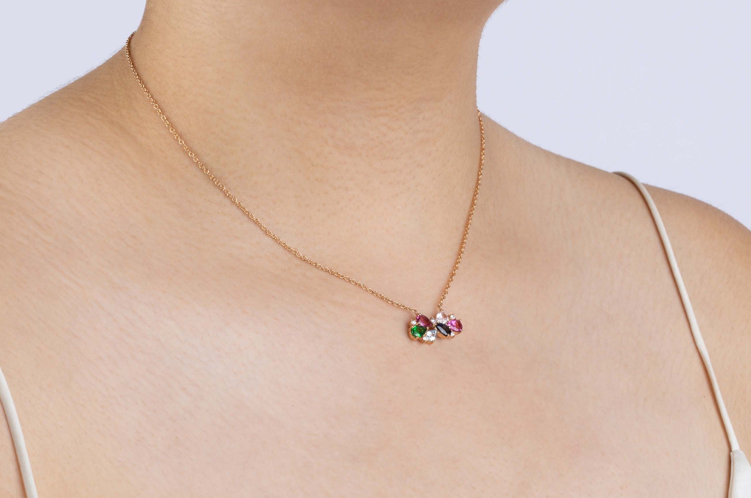 Gold Necklace with Tsavorite, Aquamarine, White and Pink Sapphires, Diamonds, Medium - Model shot