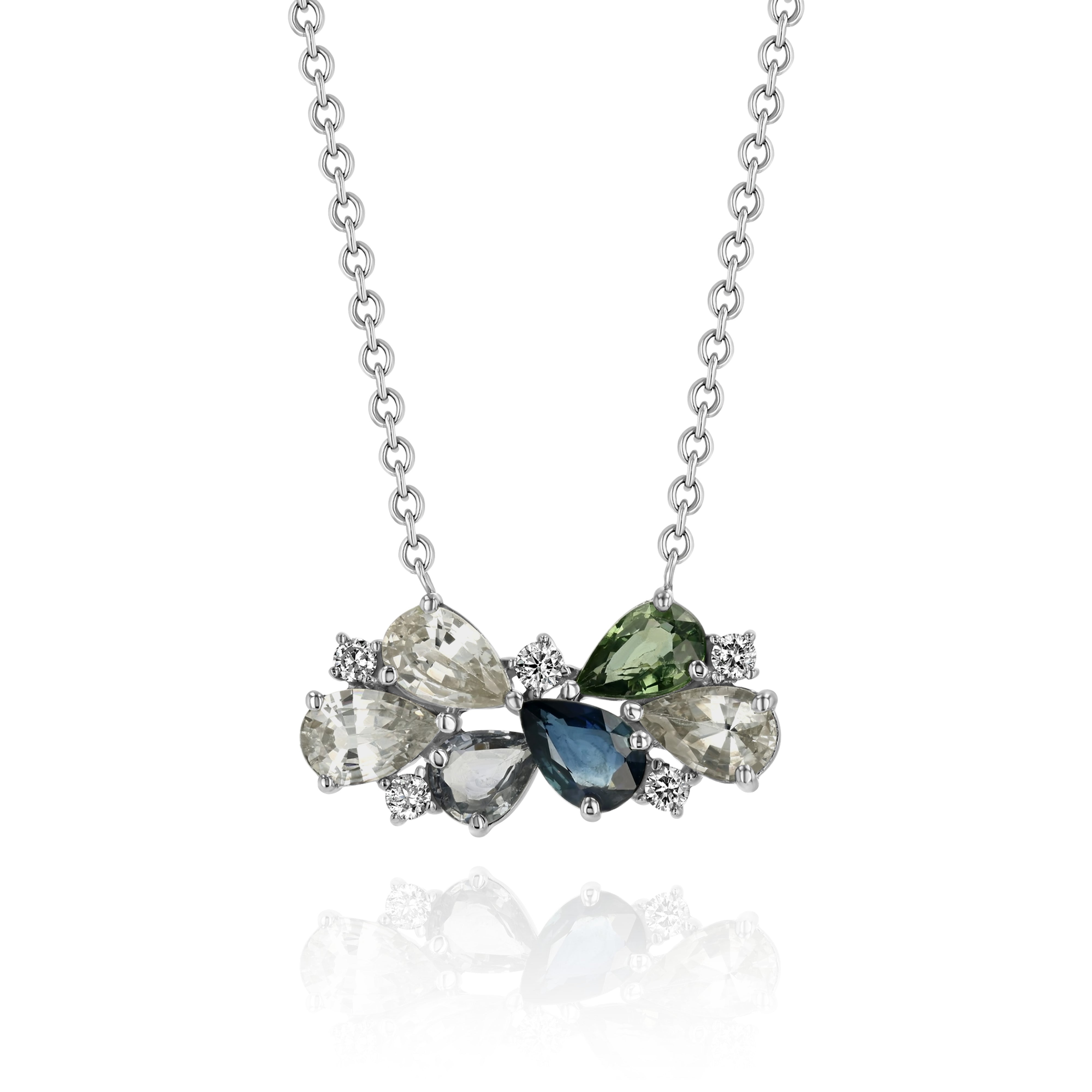 White Gold Necklace with Blue, Green, and White Sapphire, and Diamonds, Medium
