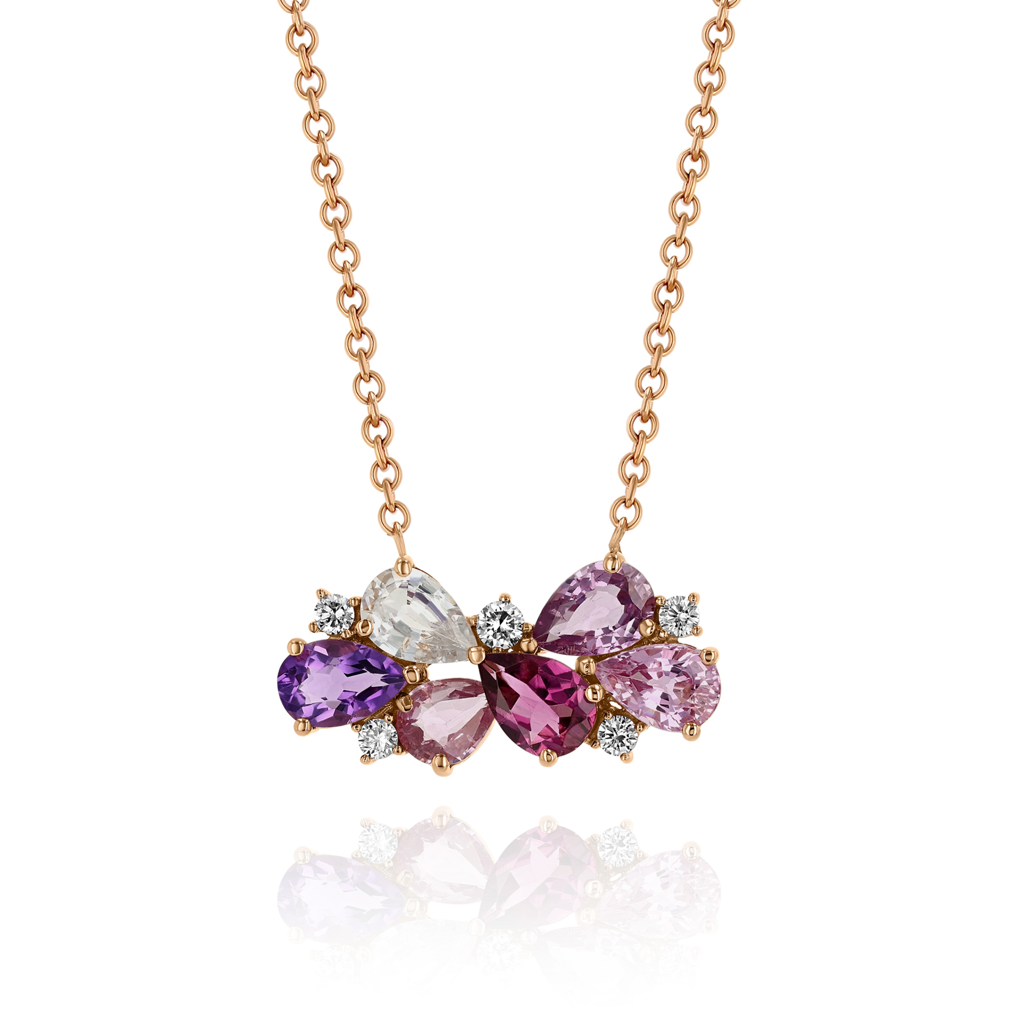 Rose Gold Necklace with Amethyst, Rubellite, Pink and White Sapphire, and Diamonds, Medium