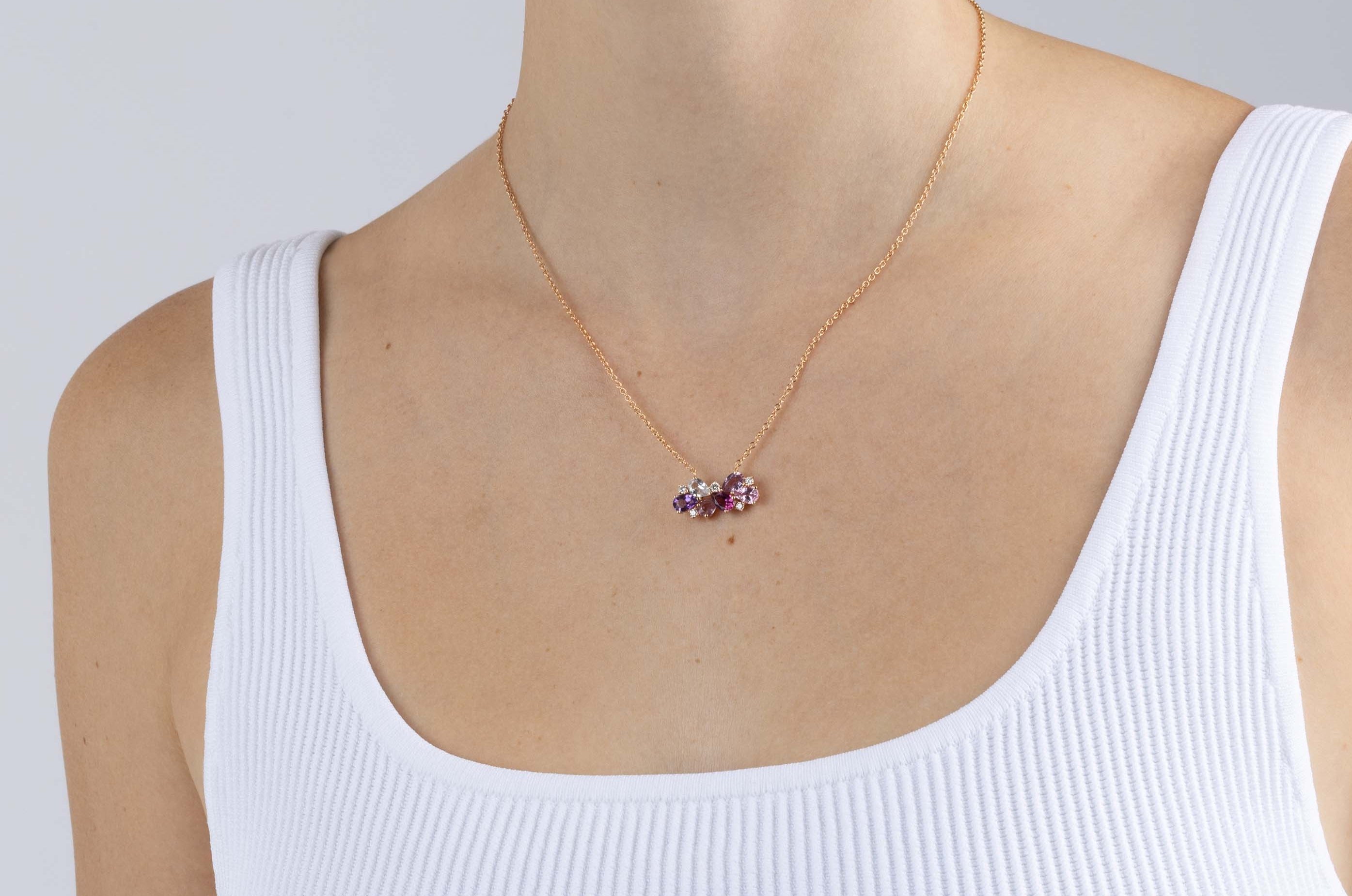 Rose Gold Necklace with Amethyst, Rubellite, Pink and White Sapphire, Diamonds, Medium - Model shot