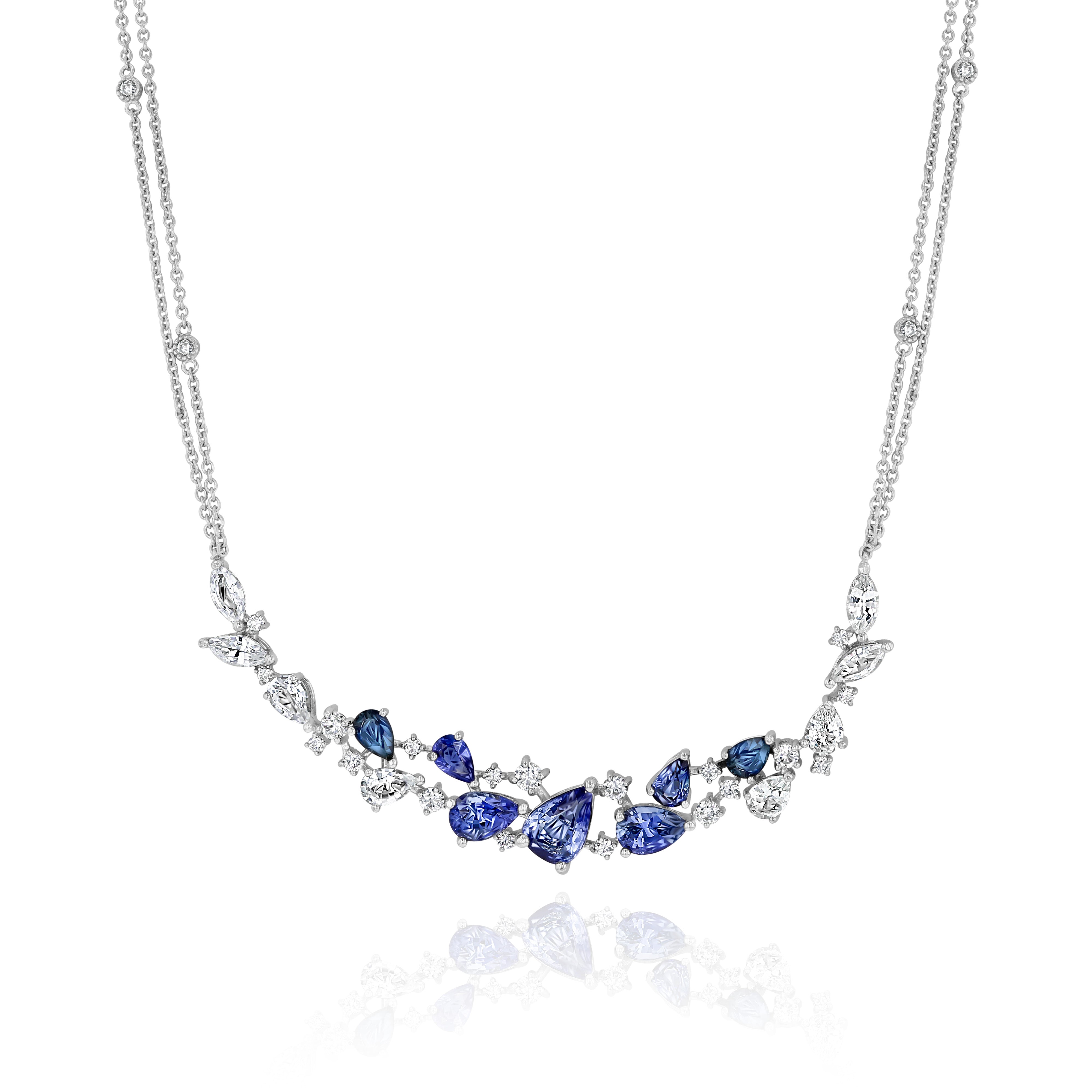 White Gold Necklace with Blue and White Sapphires, and Diamonds, Medium