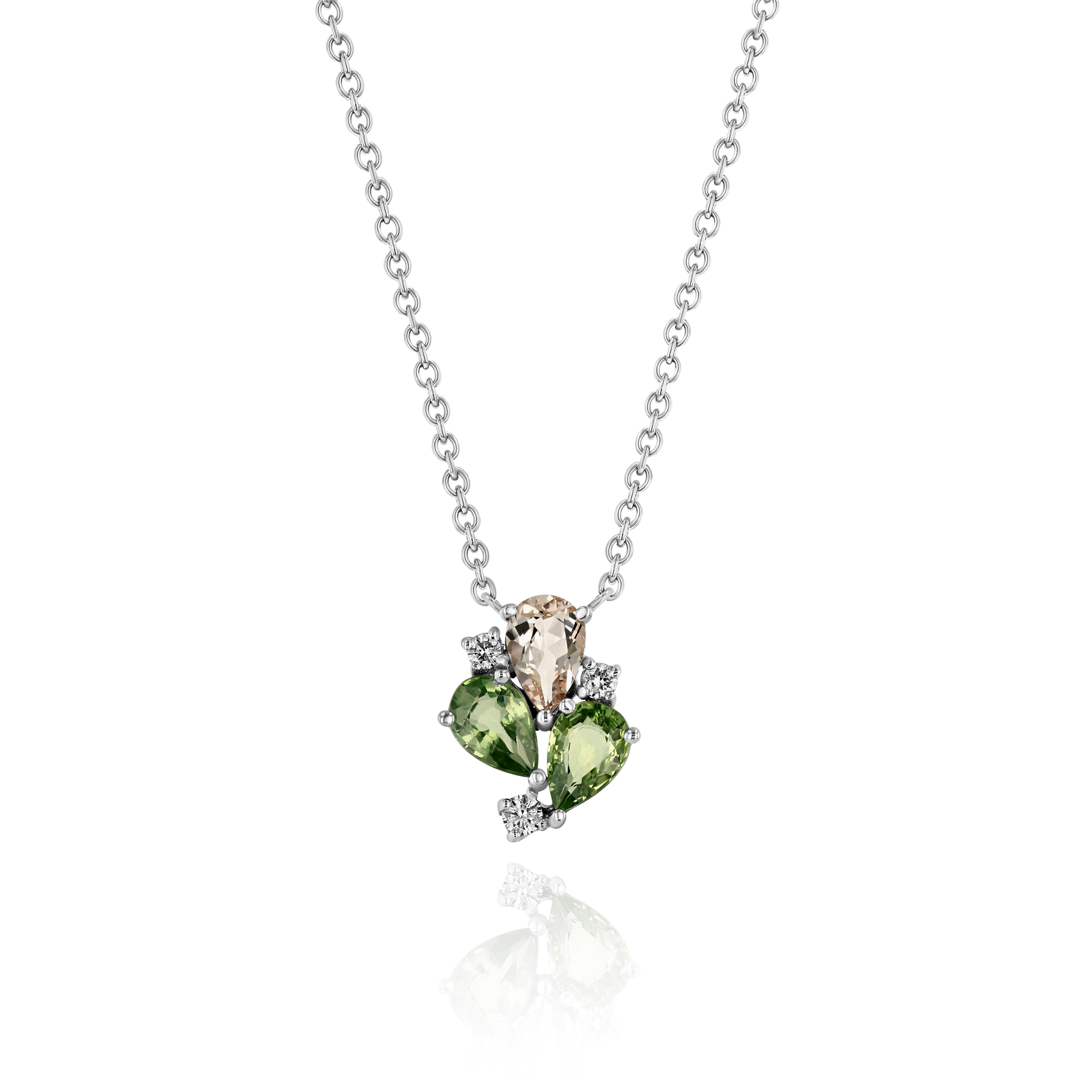 White Gold Necklace with Morganite, Green Sapphire, and Diamonds, Small