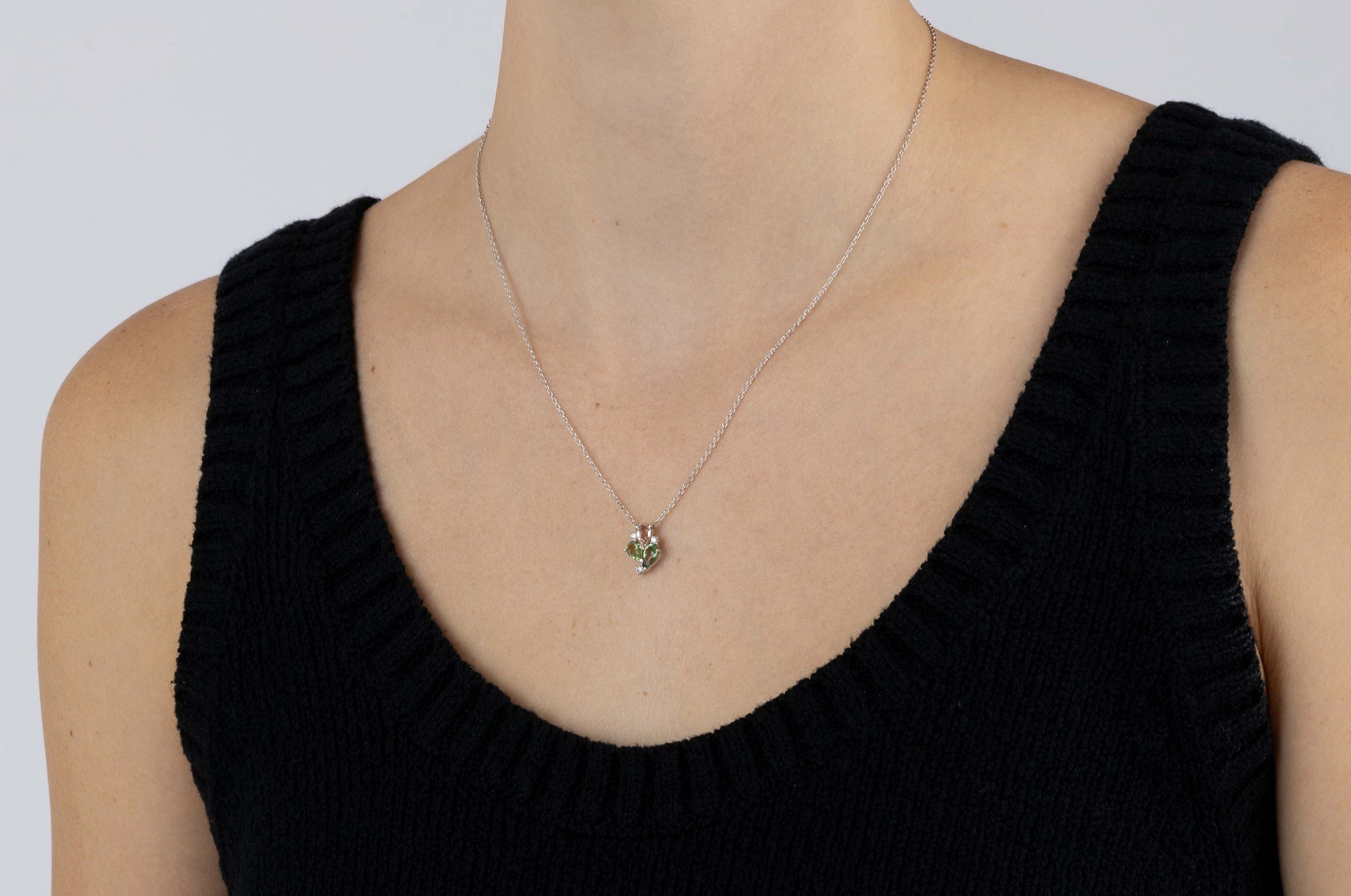 White Gold Necklace with Morganite, Green Sapphire, and Diamonds, Small - Model shot
