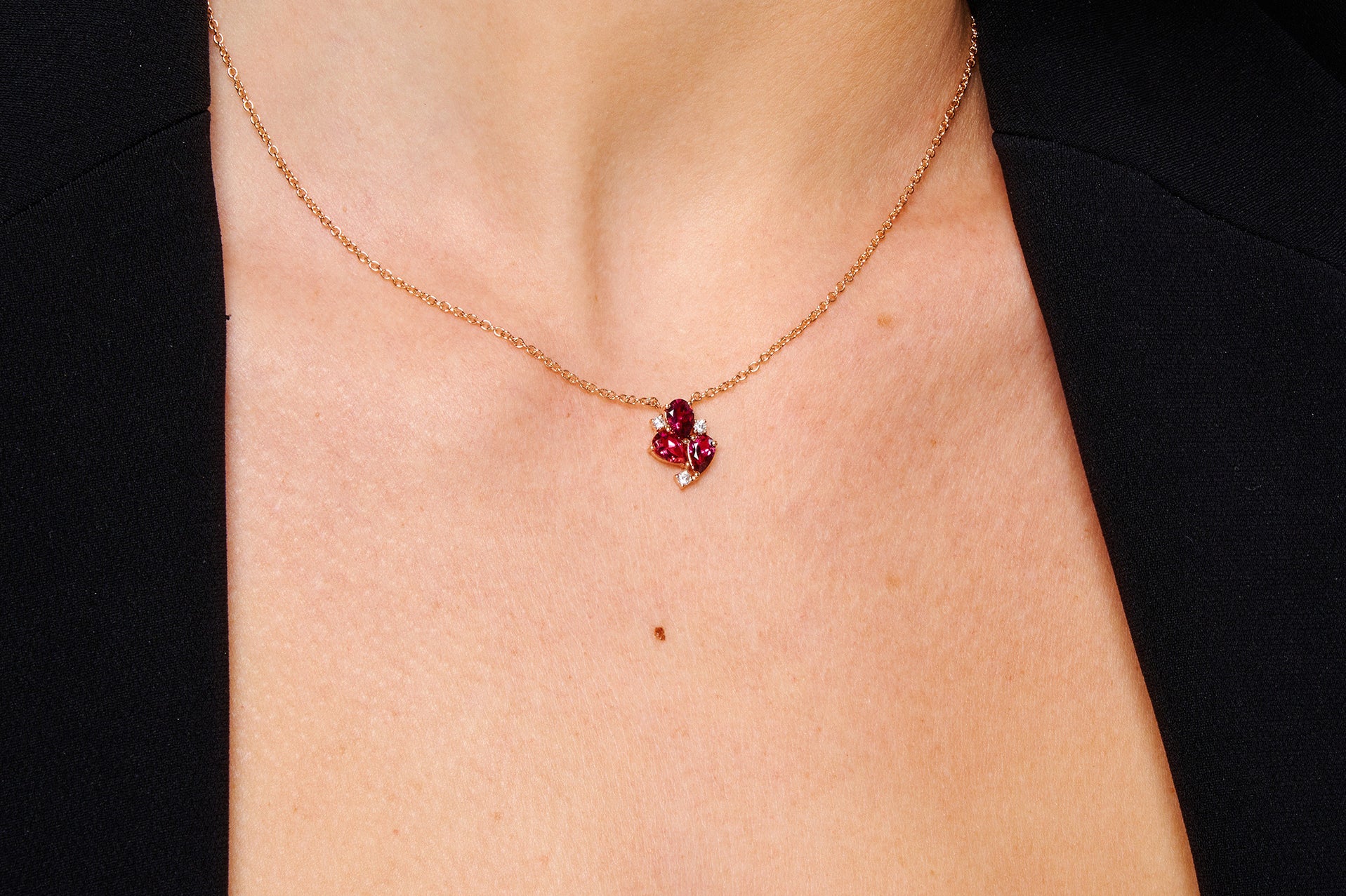 Rose Gold Necklace with Rubellite and Diamonds, Small - Model shot