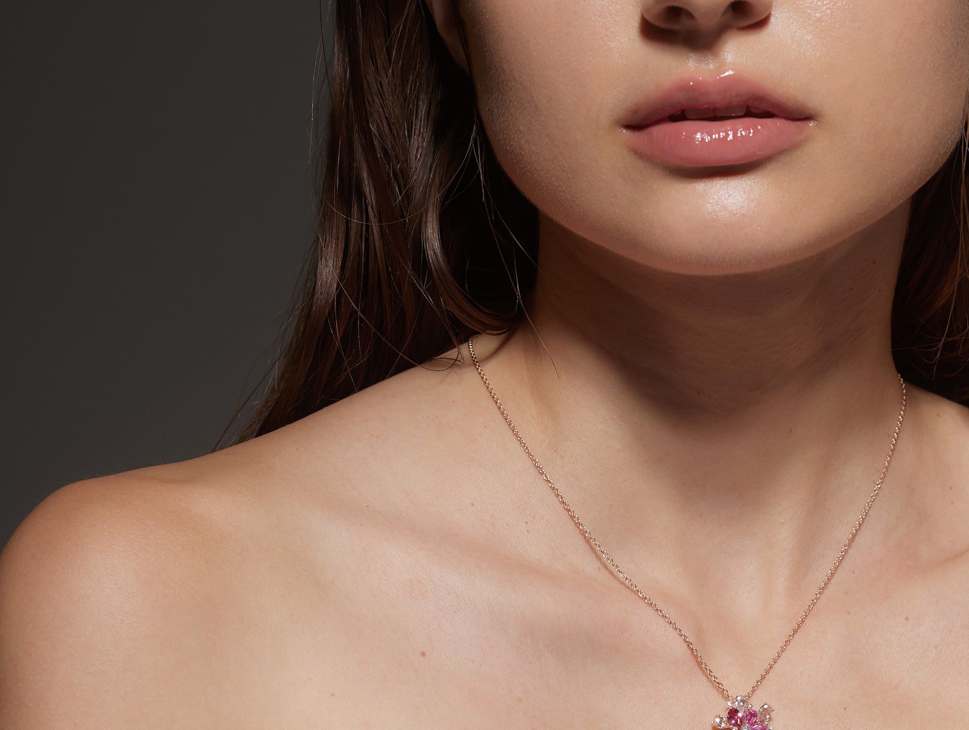 Rose Gold Necklace with Pink and White Sapphires, and Diamonds, Small - Model shot