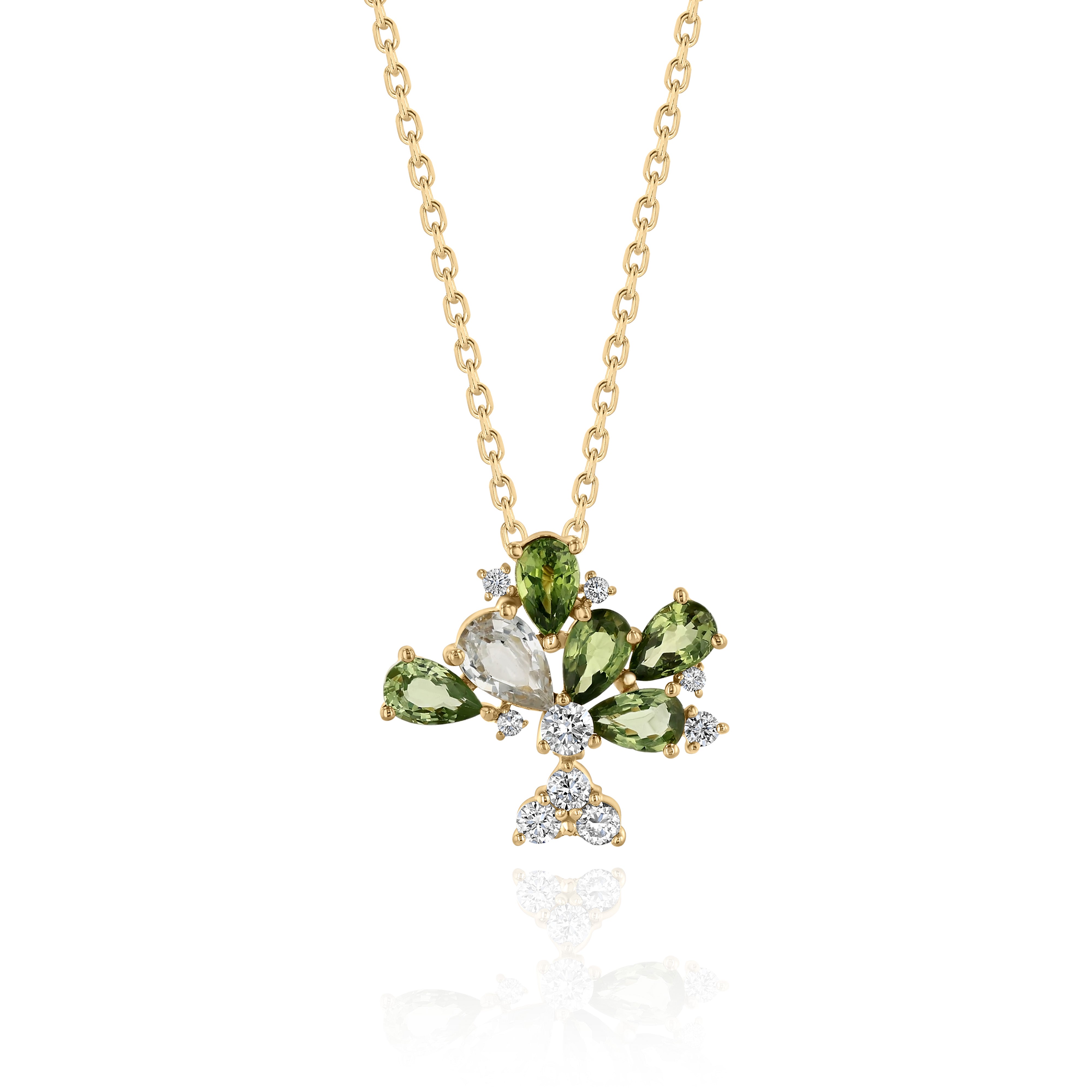 Yellow Gold Necklace with Green and White Sapphires, and Diamonds, Small