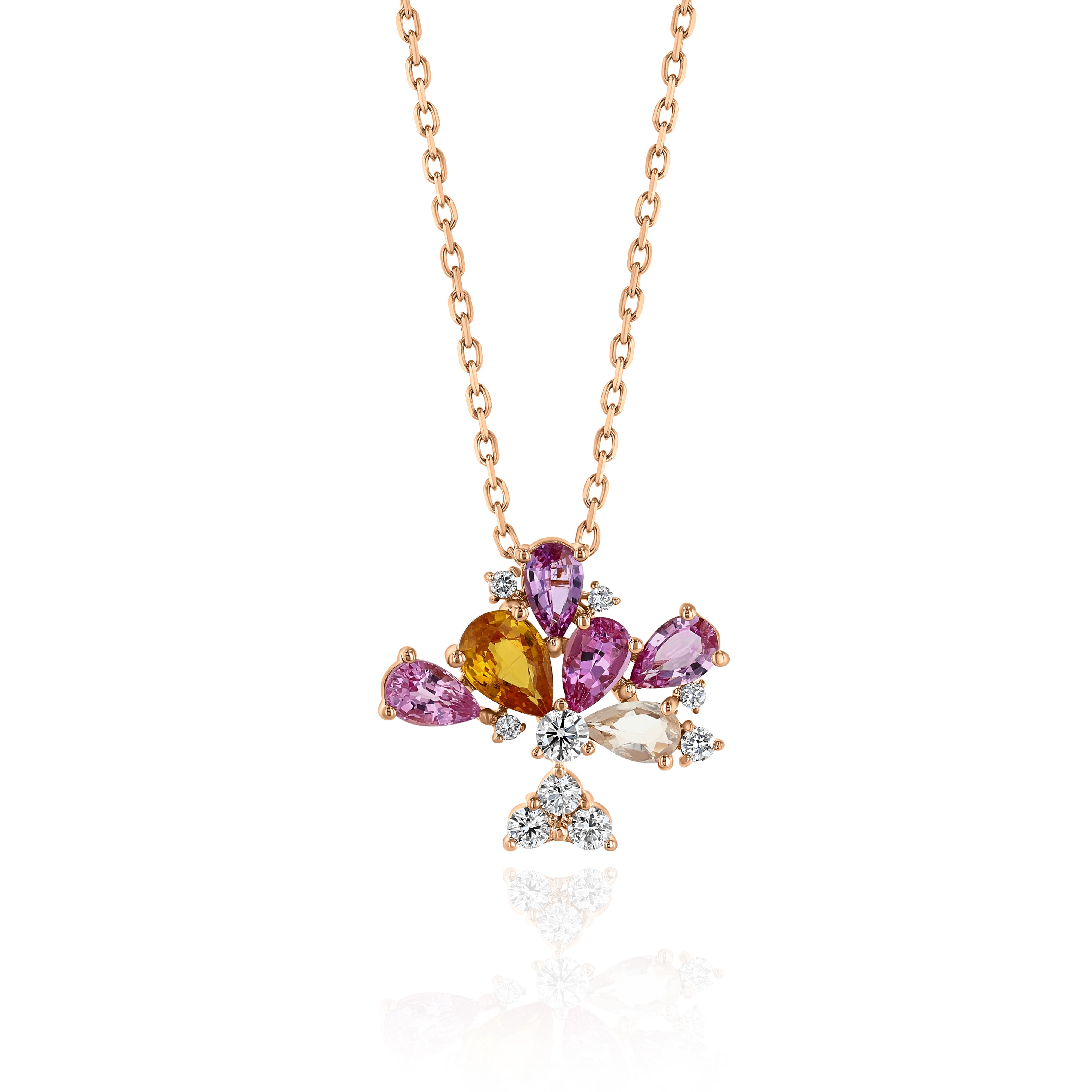Rose Gold Necklace with Orange, Pink, and White Sapphires, and Diamonds, Small