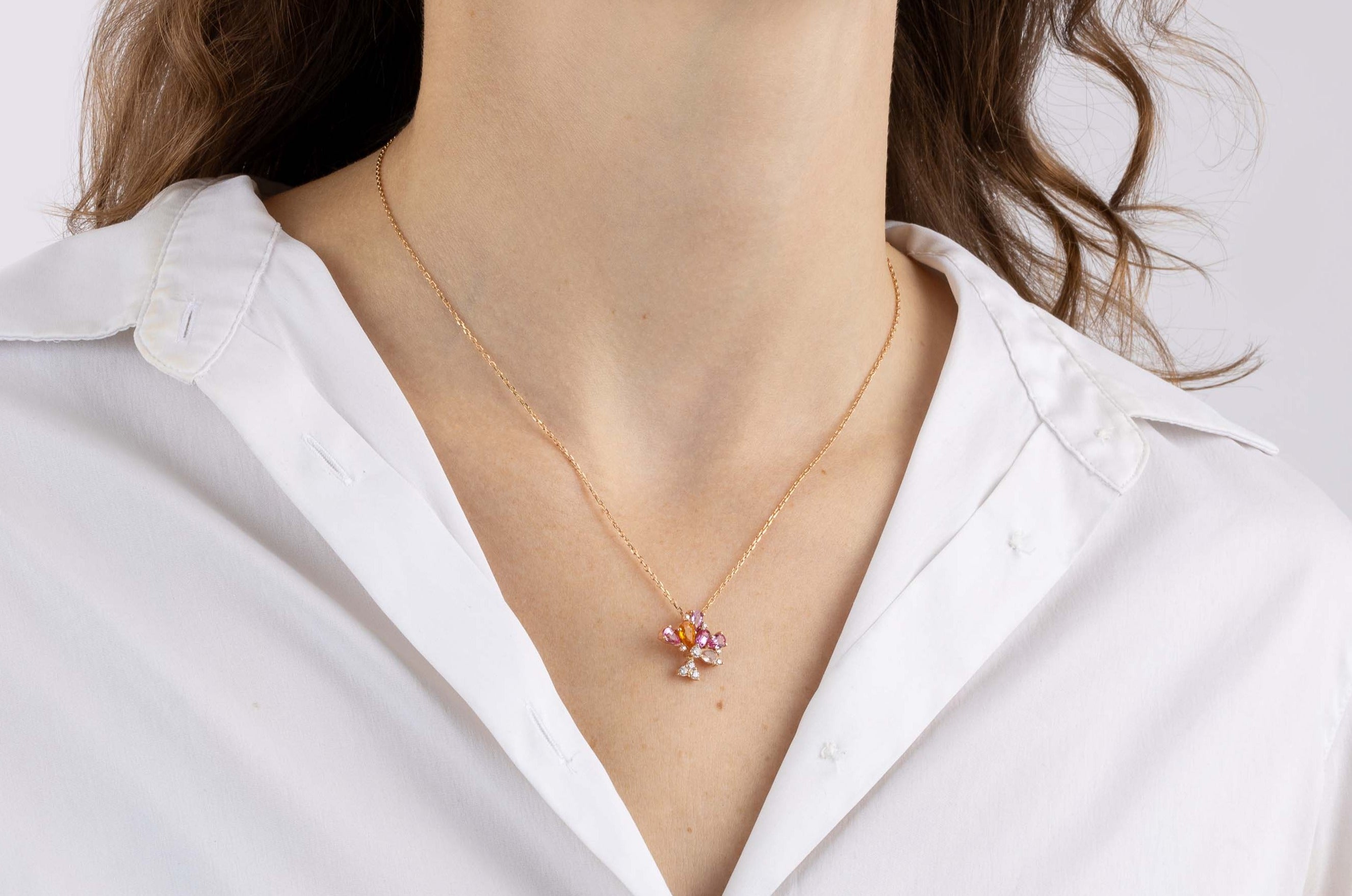 Rose Gold Necklace with Orange, Pink, and White Sapphires, and Diamonds, Small - Model shot