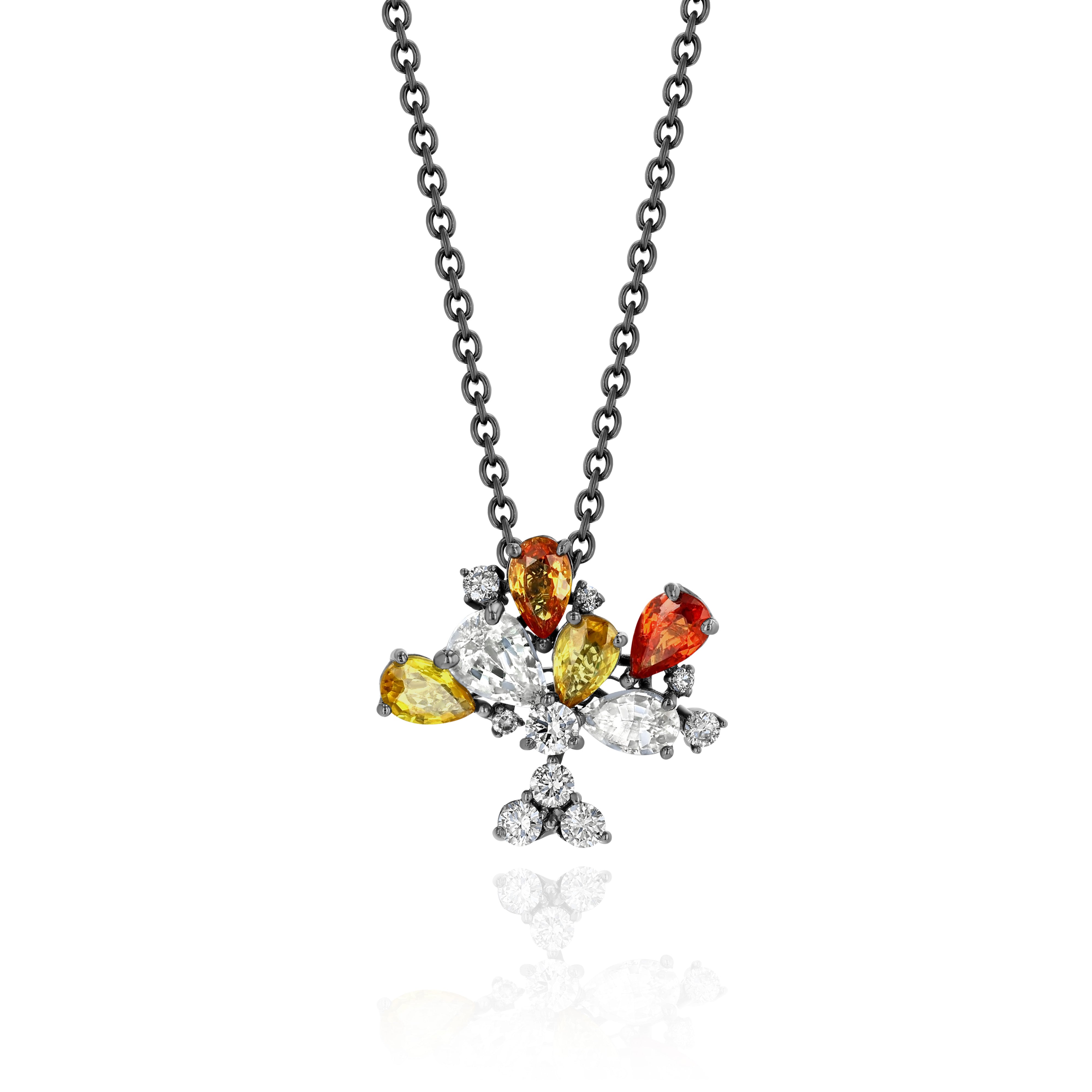 Rhodium Plated Gold Necklace with Orange, Yellow, and White Sapphires, and Diamonds, Small