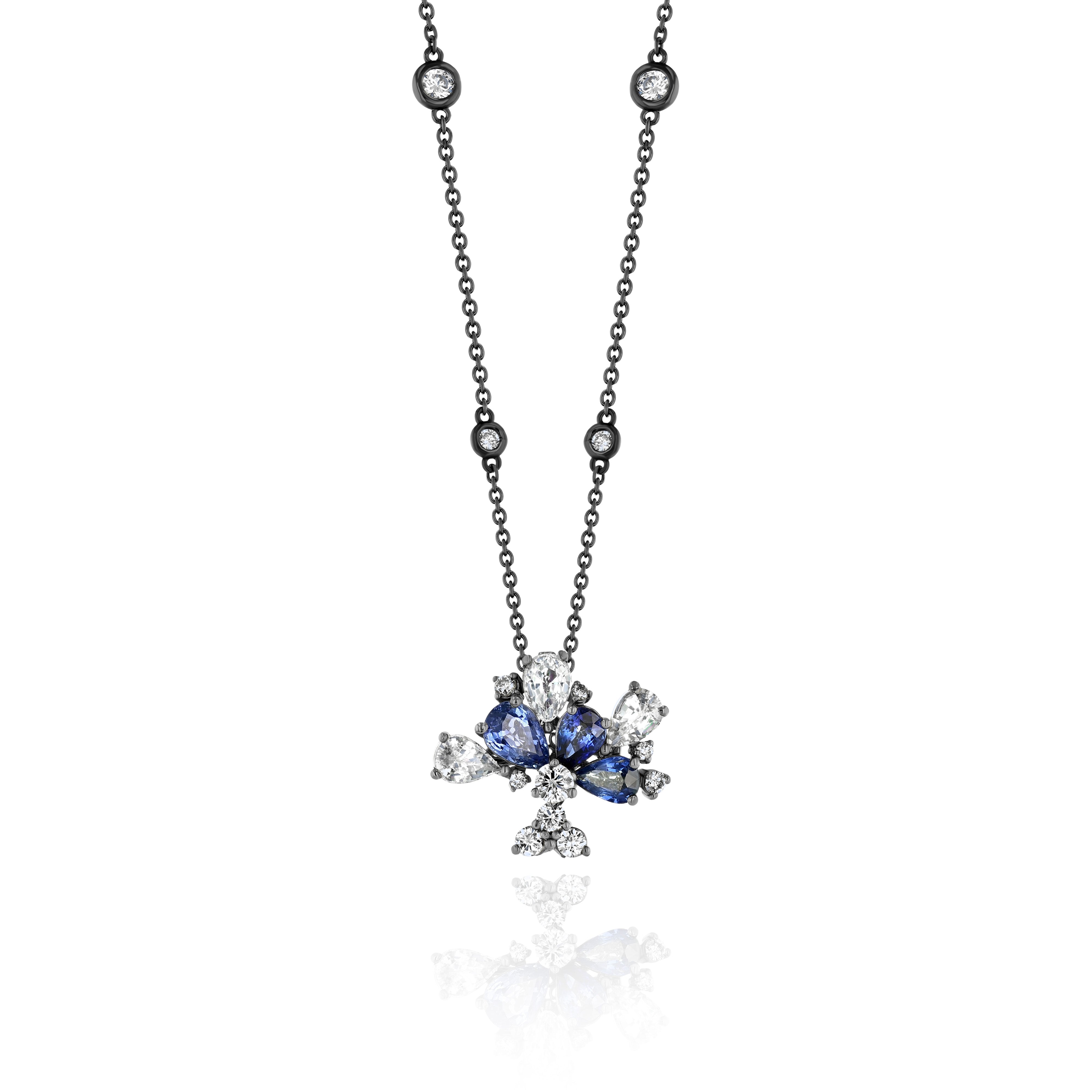 Rhodium Plated Gold Necklace with Blue and White Sapphires, and Diamonds, Medium