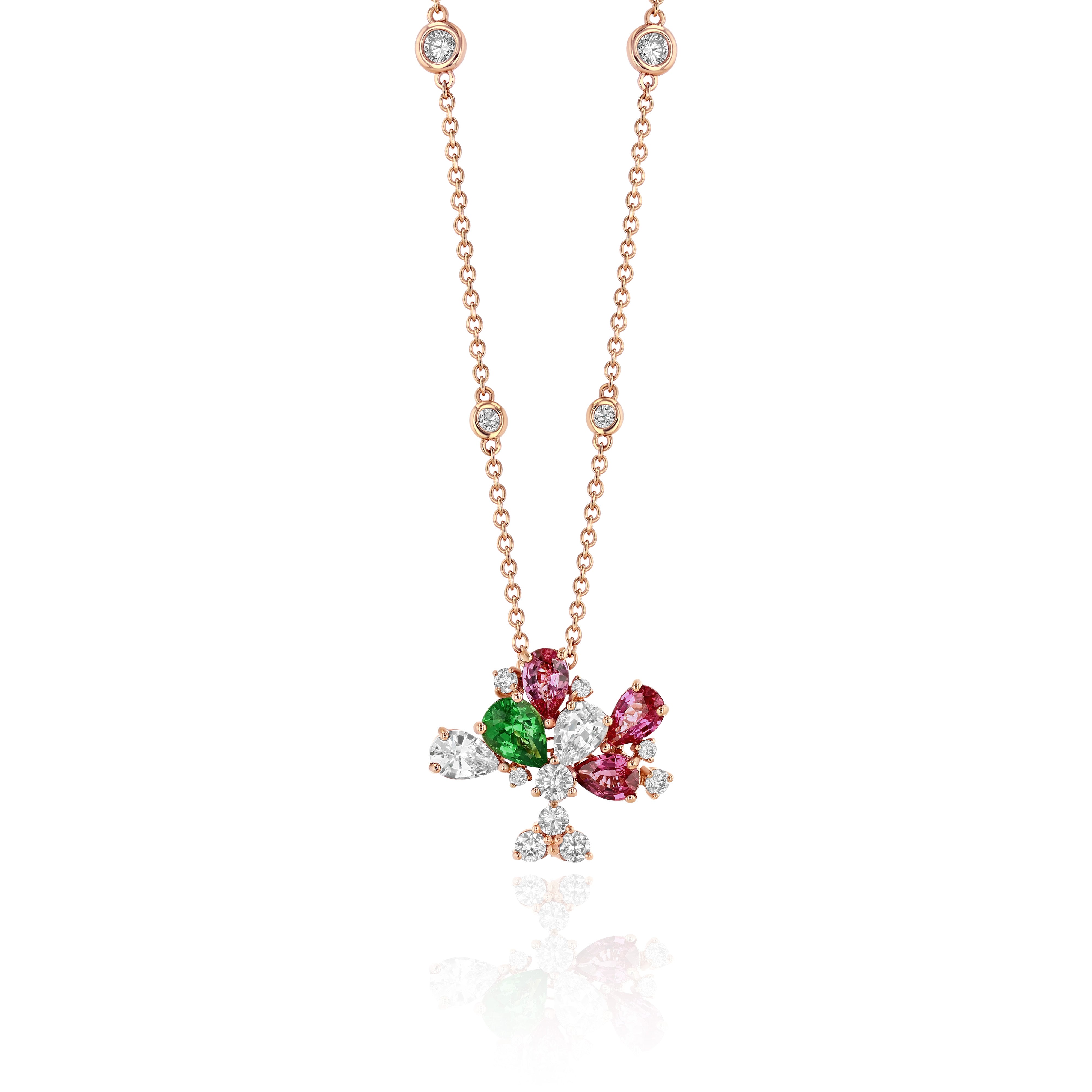 Rose Gold Necklace with Pink and White Sapphires, Tsavorite, and Diamonds, Medium