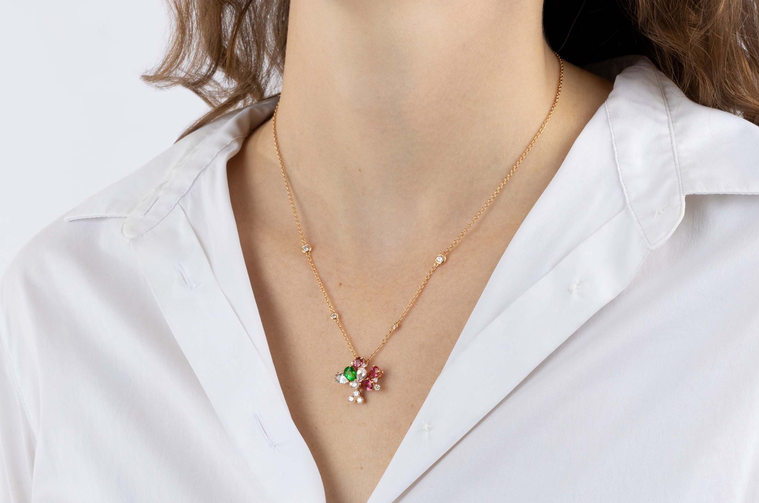Rose Gold Necklace with Pink and White Sapphires, Tsavorite, and Diamonds, Medium - Model shot