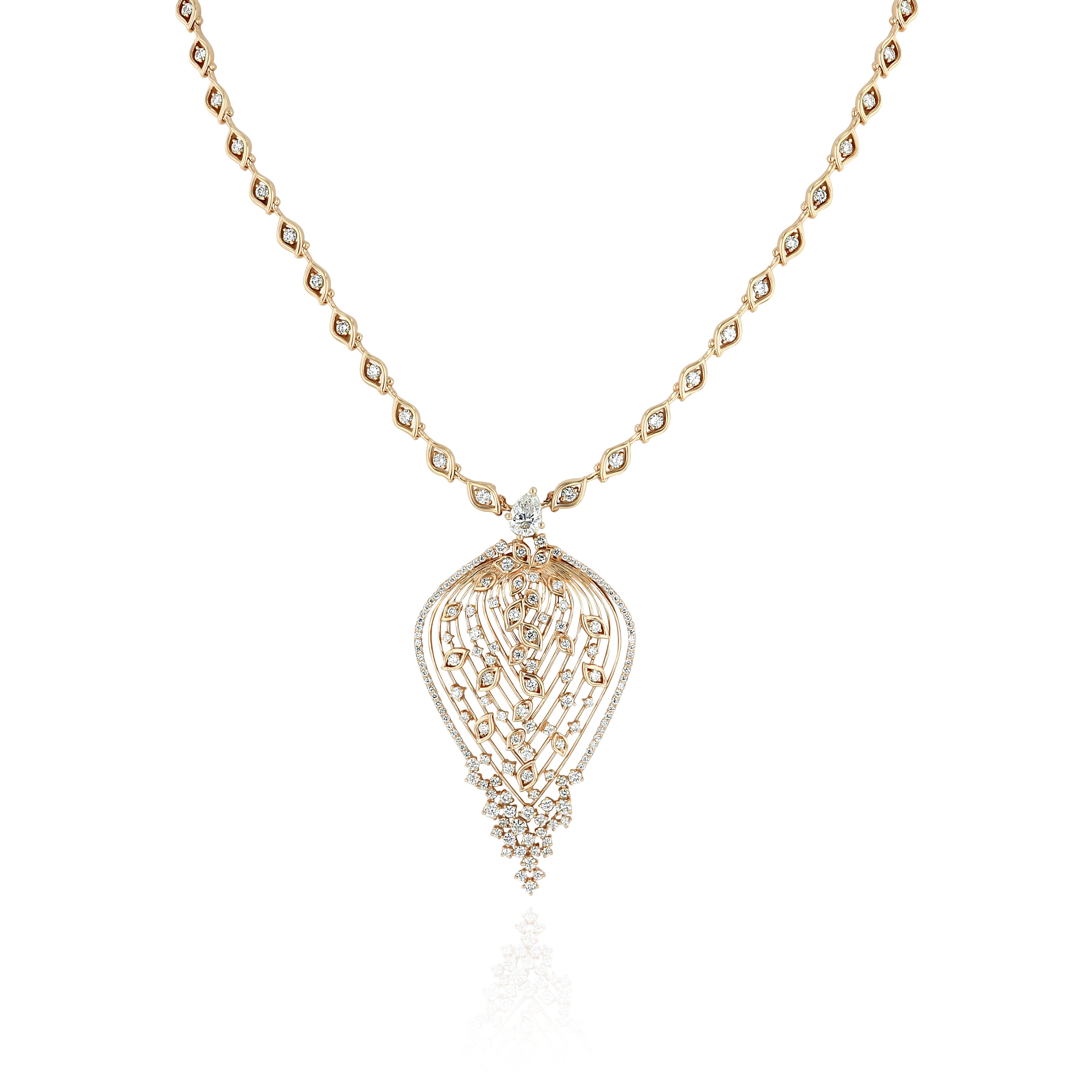 Yellow Gold Necklace with raindrop shaped pendant and small round Diamonds, Large