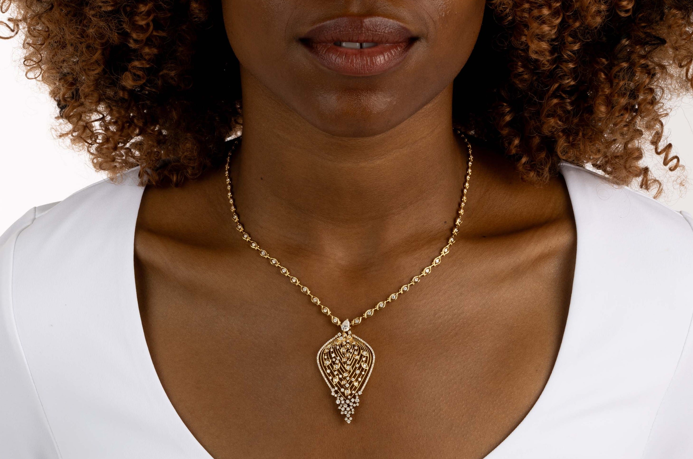 Yellow Gold Necklace with raindrop shaped pendant and small round Diamonds, Large - Model shot