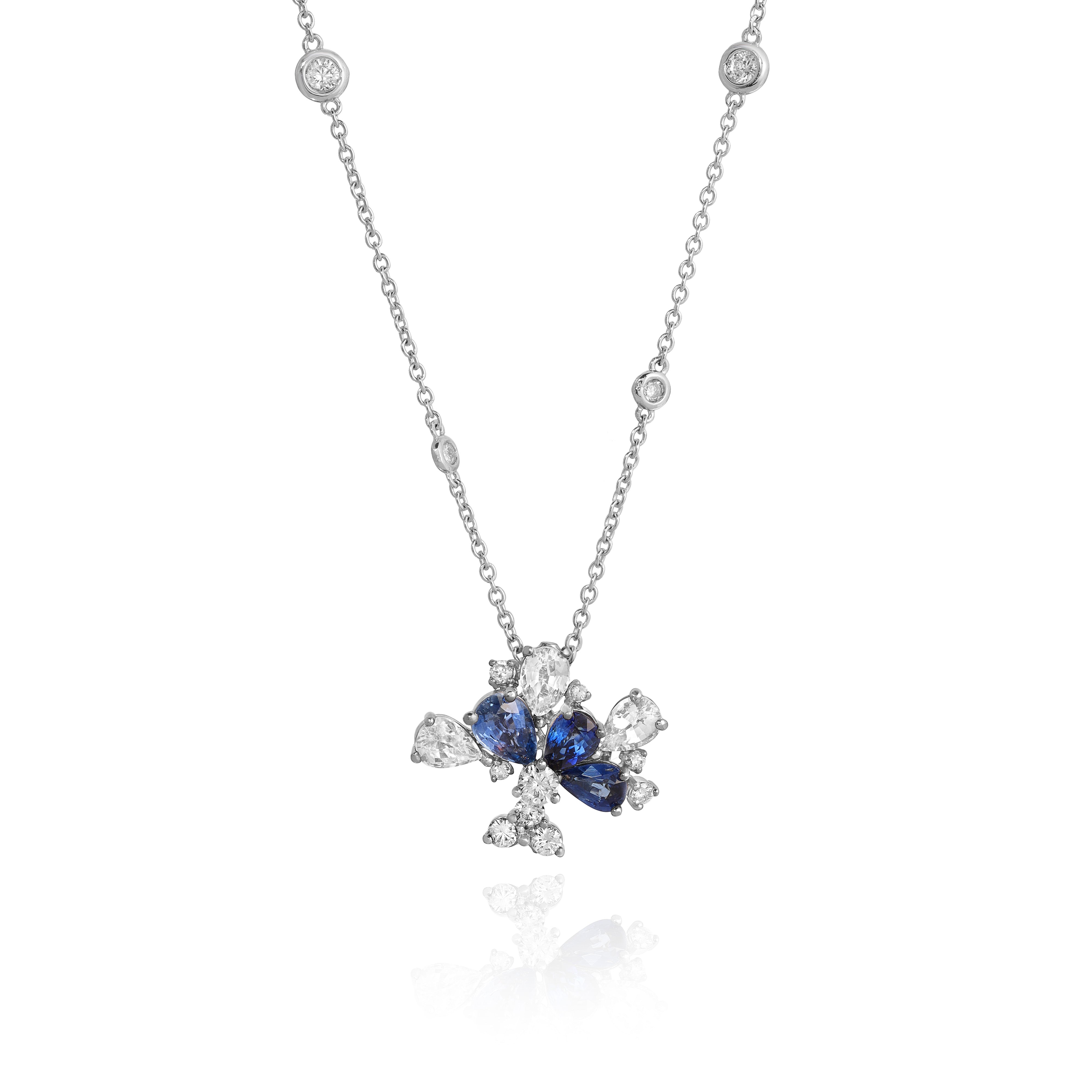 White Gold Necklace with Blue and White Sapphires, and Diamonds, Medium