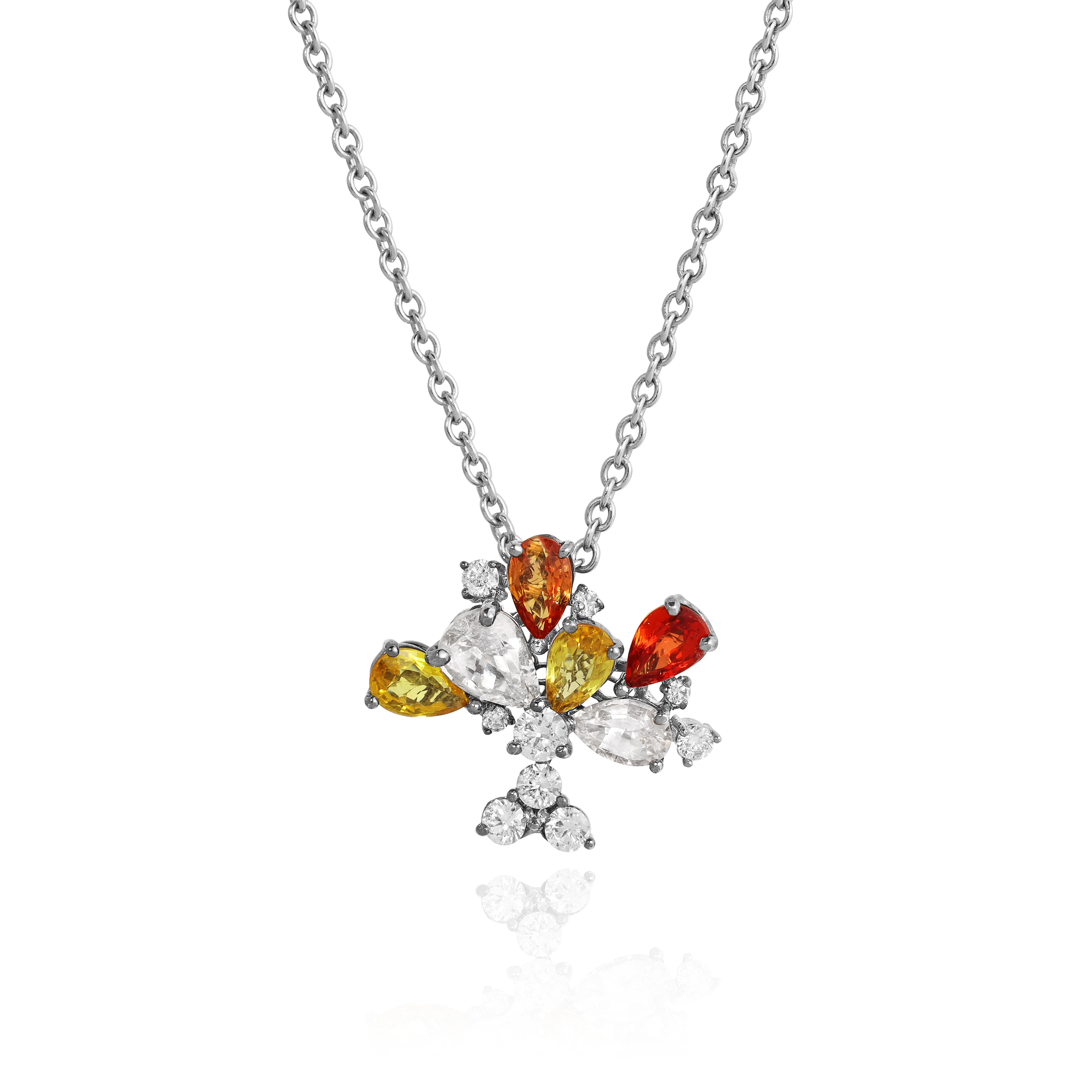 White Gold Necklace with Orange, Yellow, and White Sapphires, and Diamonds, Small