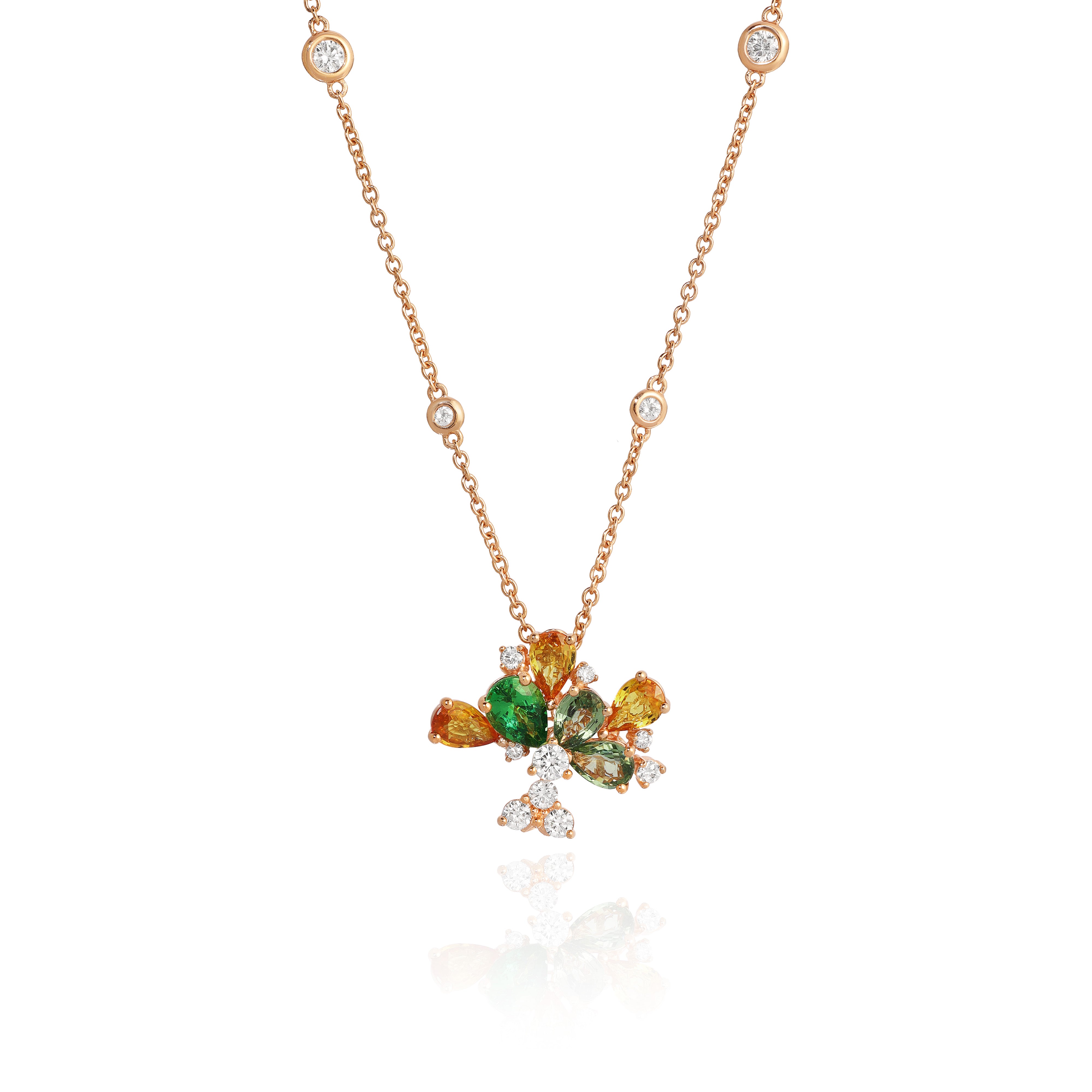 Rose Gold Necklace with Green and Orange Sapphires, Tsavorite, and Diamonds, Medium