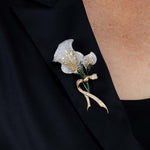 Yellow Gold calla lily Brooch with White and Yellow Diamonds, and Tsavorite, Large - Model shot 