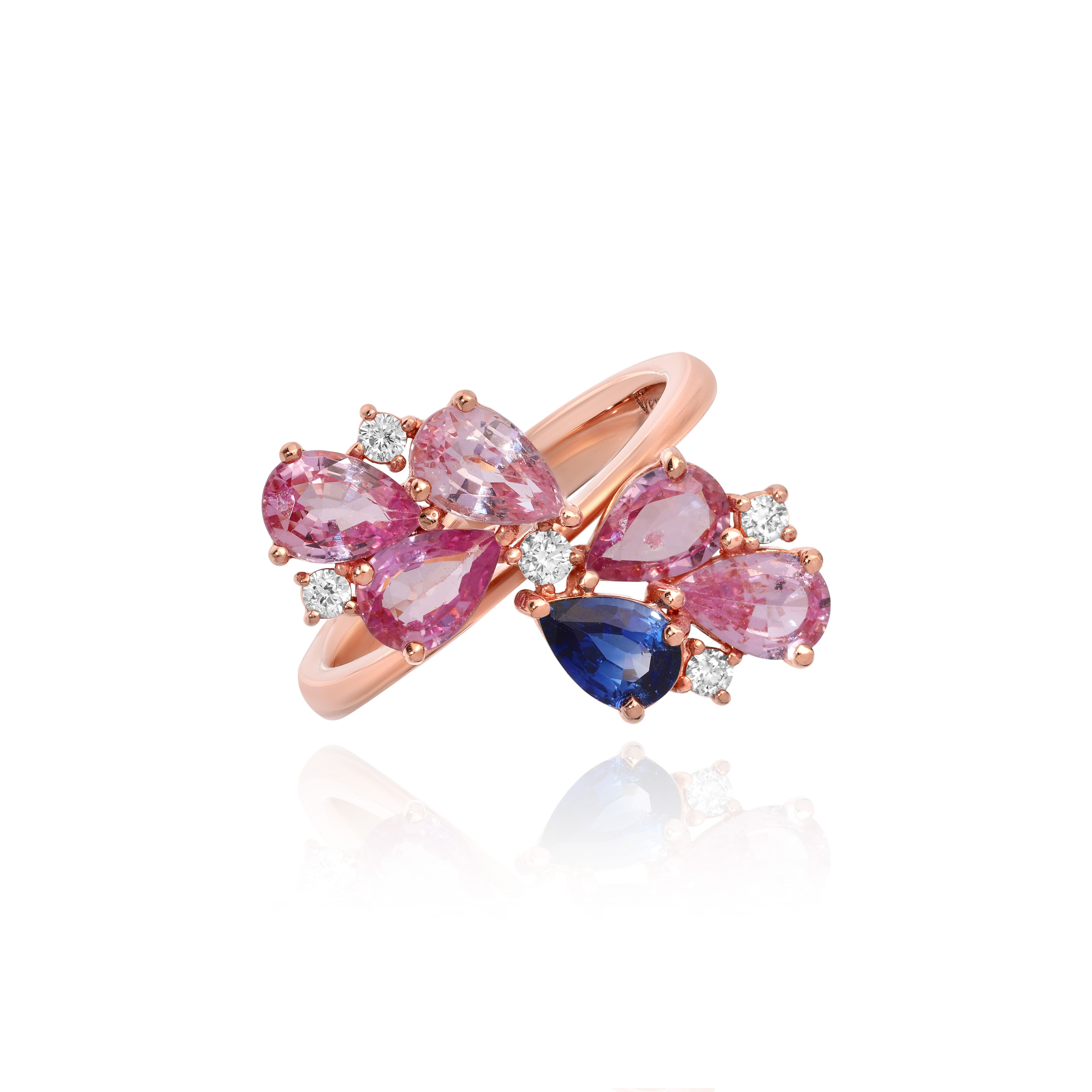 Rose Gold Ring with pear shaped Pink Sapphires and a Blue Sapphire, and small round Diamonds, Medium