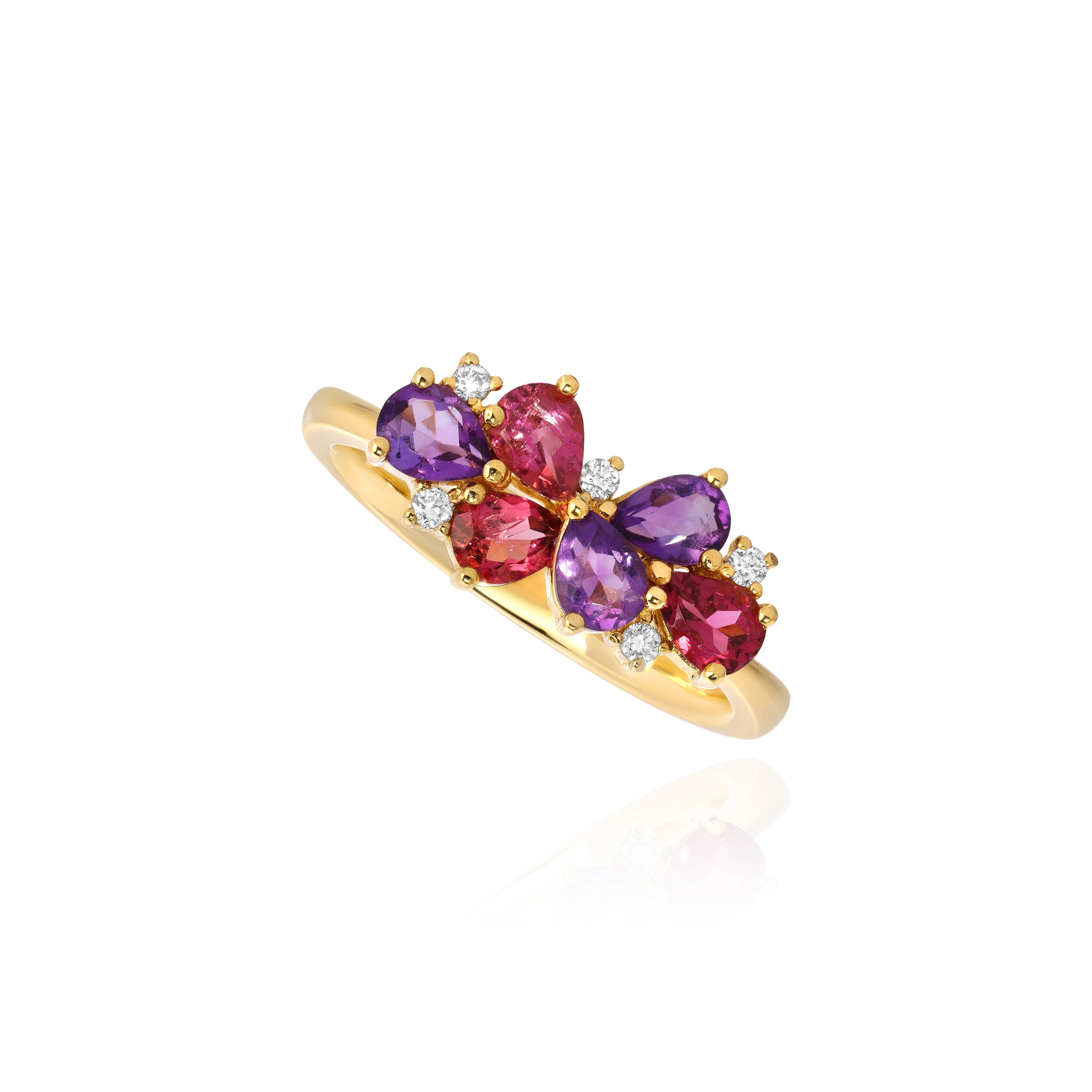 Yellow Gold Ring with pear shaped Pink Tourmaline and Sapphire, Amethyst, and small Diamonds, Small