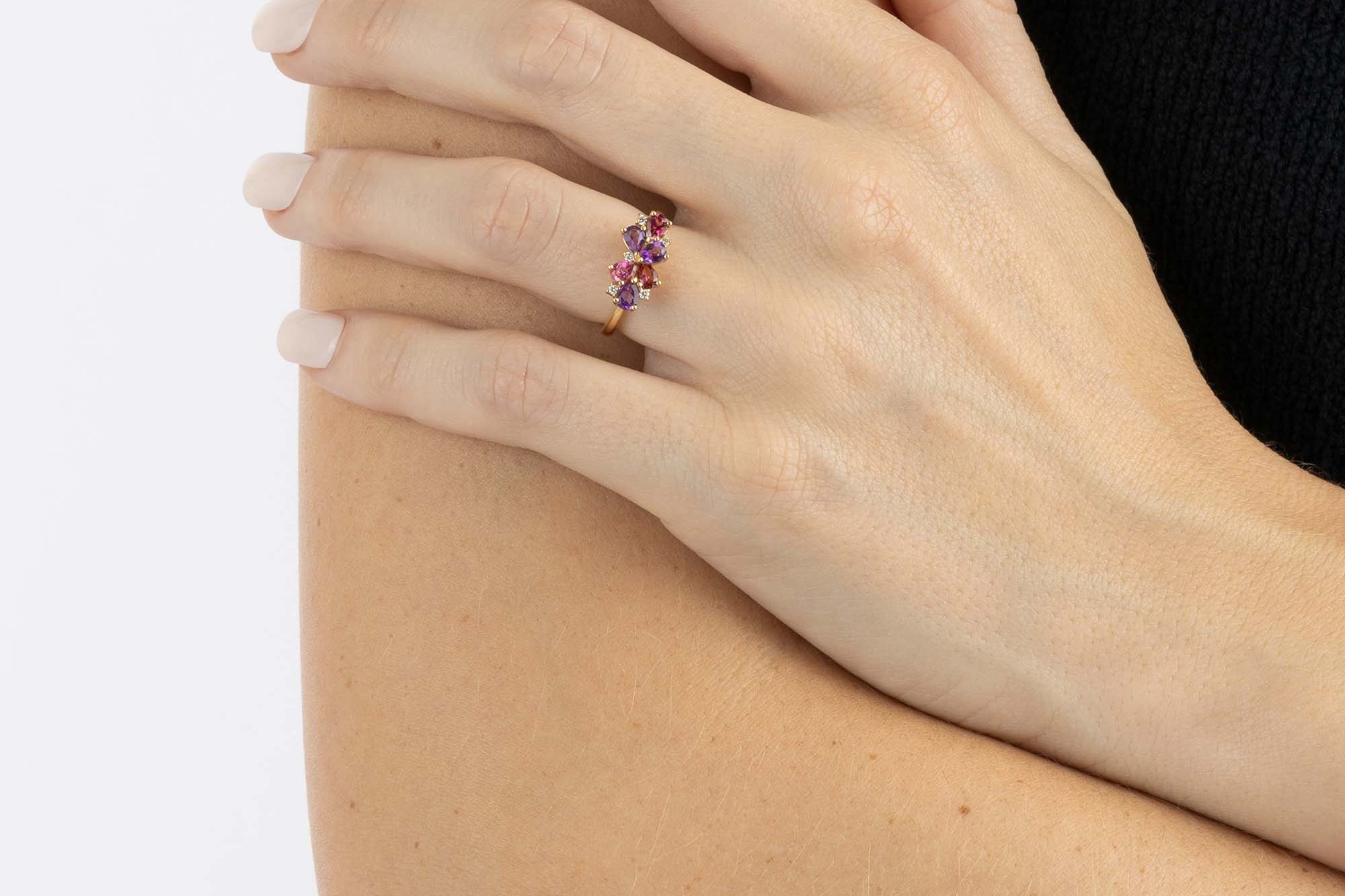 Yellow Gold Ring with Pink Tourmaline and Sapphire, Amethyst, and small Diamonds, Small - Model shot