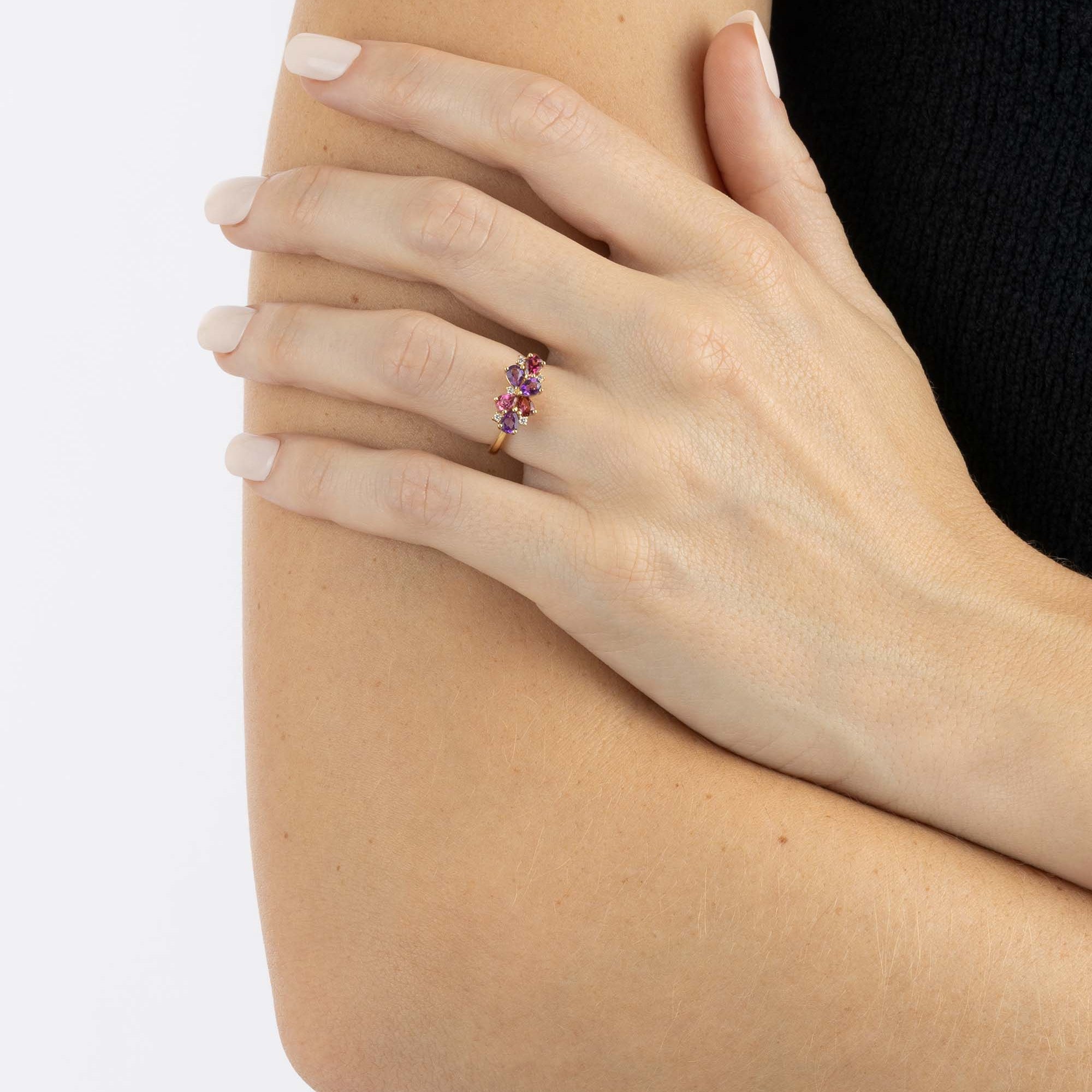 Yellow Gold Ring with Pink Tourmaline and Sapphire, Amethyst, and small Diamonds, Small - Model shot
