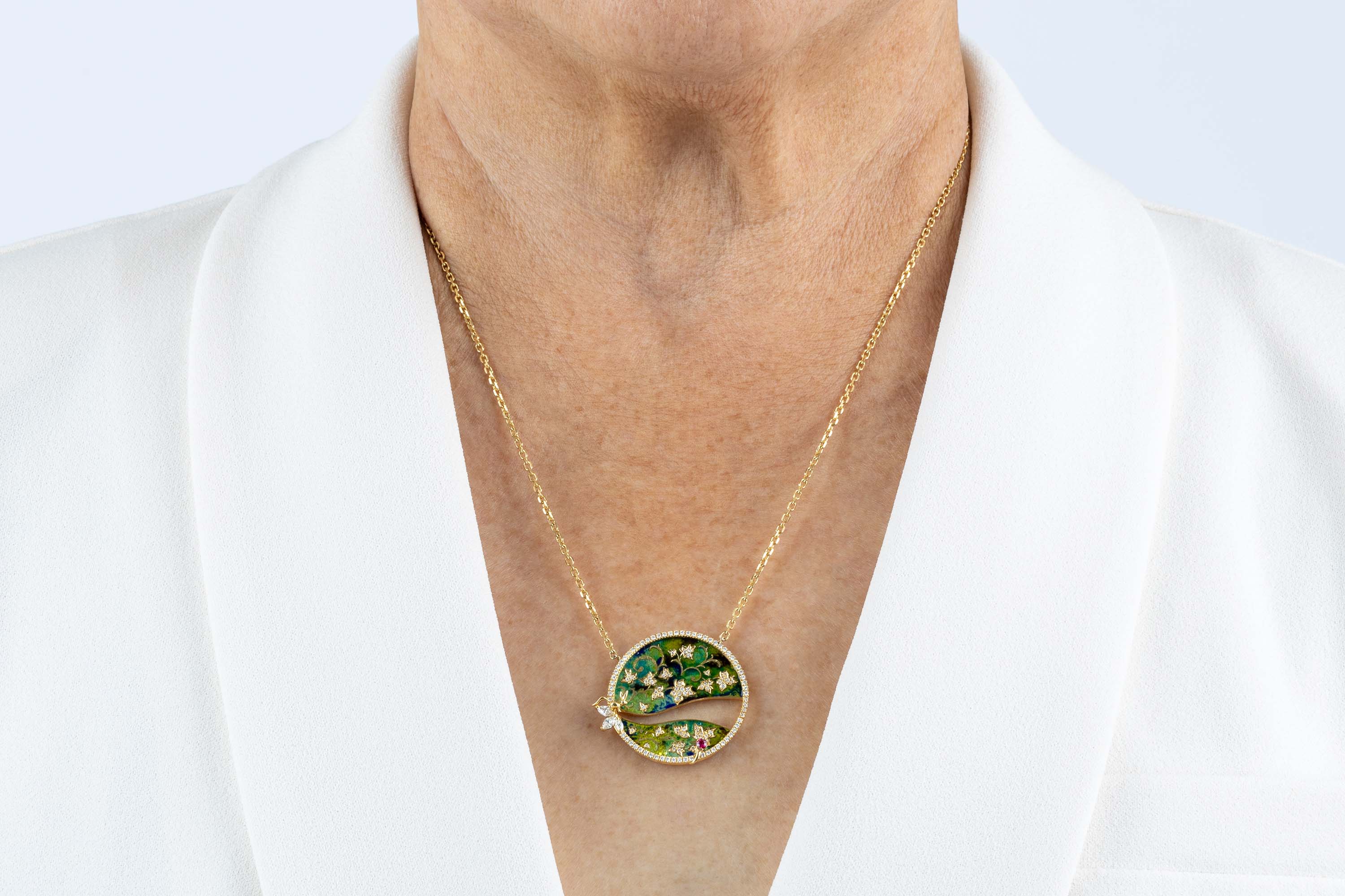 Gold Necklace of Black, Green, Blue Cloisonne, a small fox, Diamonds, a Ruby, Large - Model shot