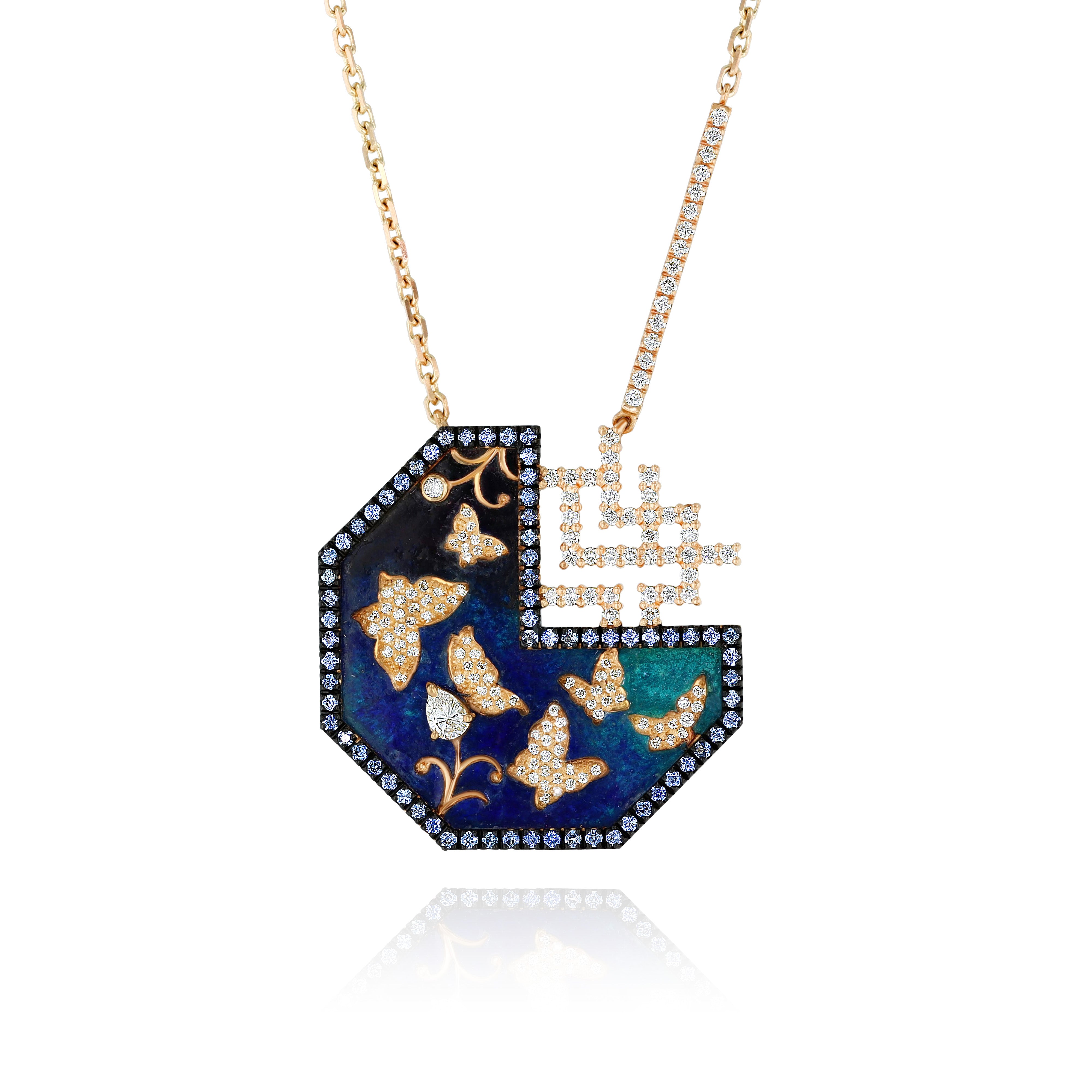 A Yellow Gold octagon shaped Necklace with Blue Cloisonne and butterflies of small Diamonds, Large