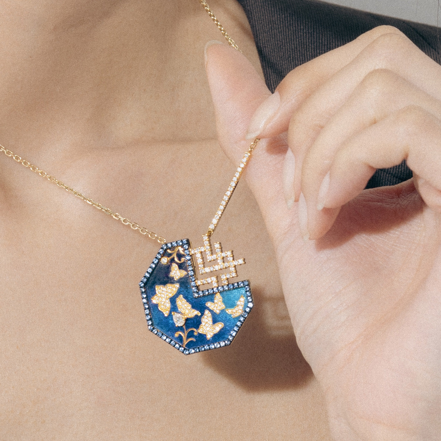 A Yellow Gold Necklace with Blue Cloisonne and butterflies of small Diamonds, Large - Model shot